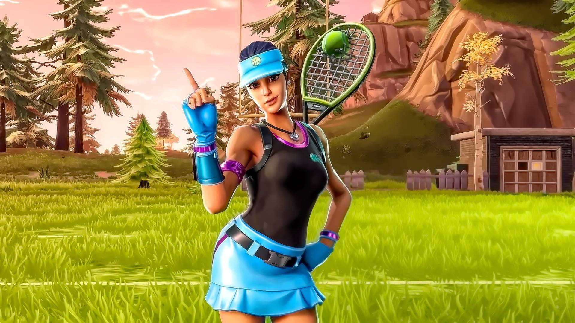 Fortnite網球角色在日落時分的草地上指向小屋和松樹。