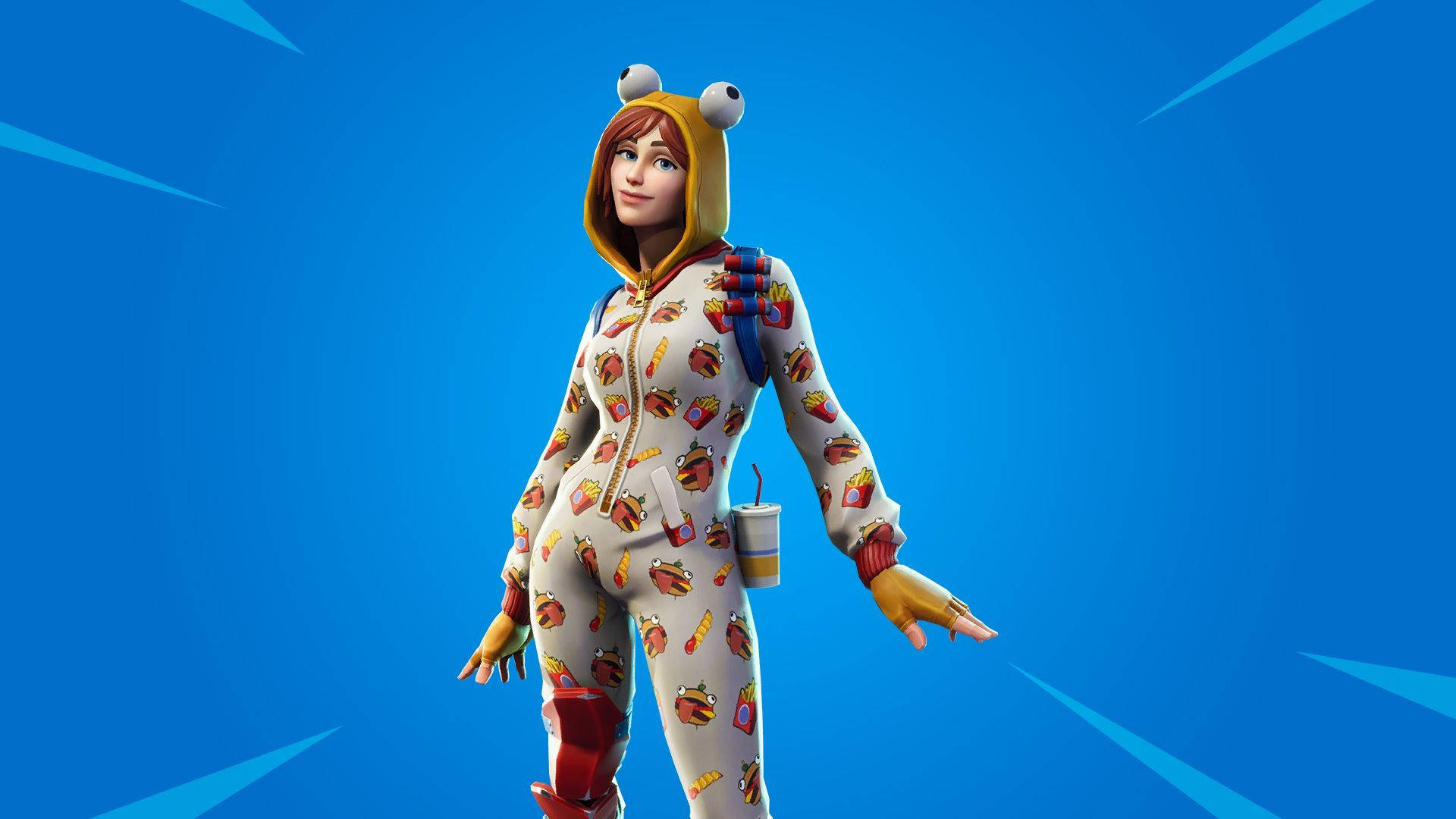 Fortnite角色穿著漢堡薯條圖案快餐服裝，藍色背景