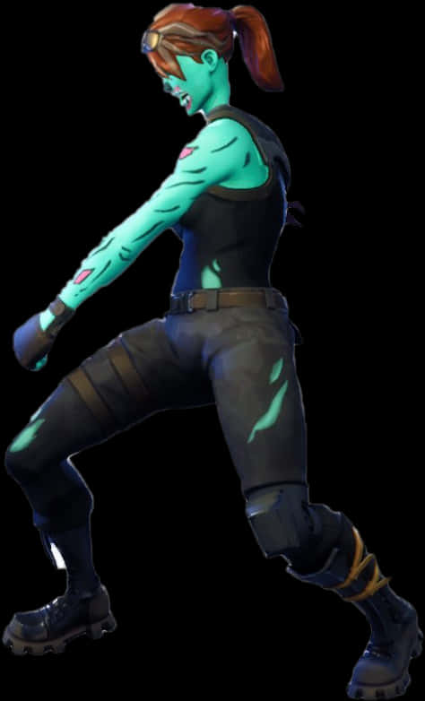 Fortnite 女性殭屍皮膚 壁紙 — 一個青綠色皮膚、紅色馬尾辮的女性角色在黑色背景前擺出動態戰鬥姿勢。