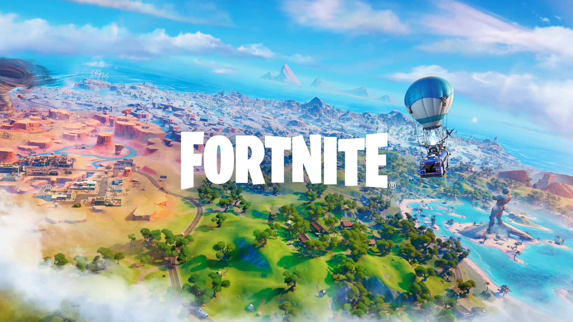Fortnite 遊戲地圖，熱氣球飛越多樣地形。