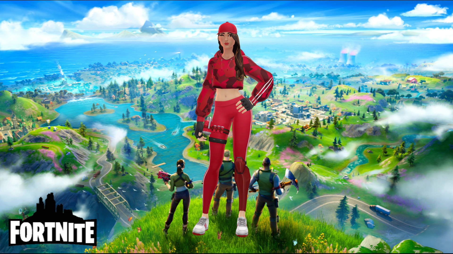 《Fortnite》戰鬥 royale 策略版 Ruby 皮膚 壁紙 — 一個穿著紅色服裝的Fortnite角色站在長滿草的懸崖上，俯瞰著充滿活力的島嶼景觀，有湖泊、森林和遠處的城市，天空湛藍。