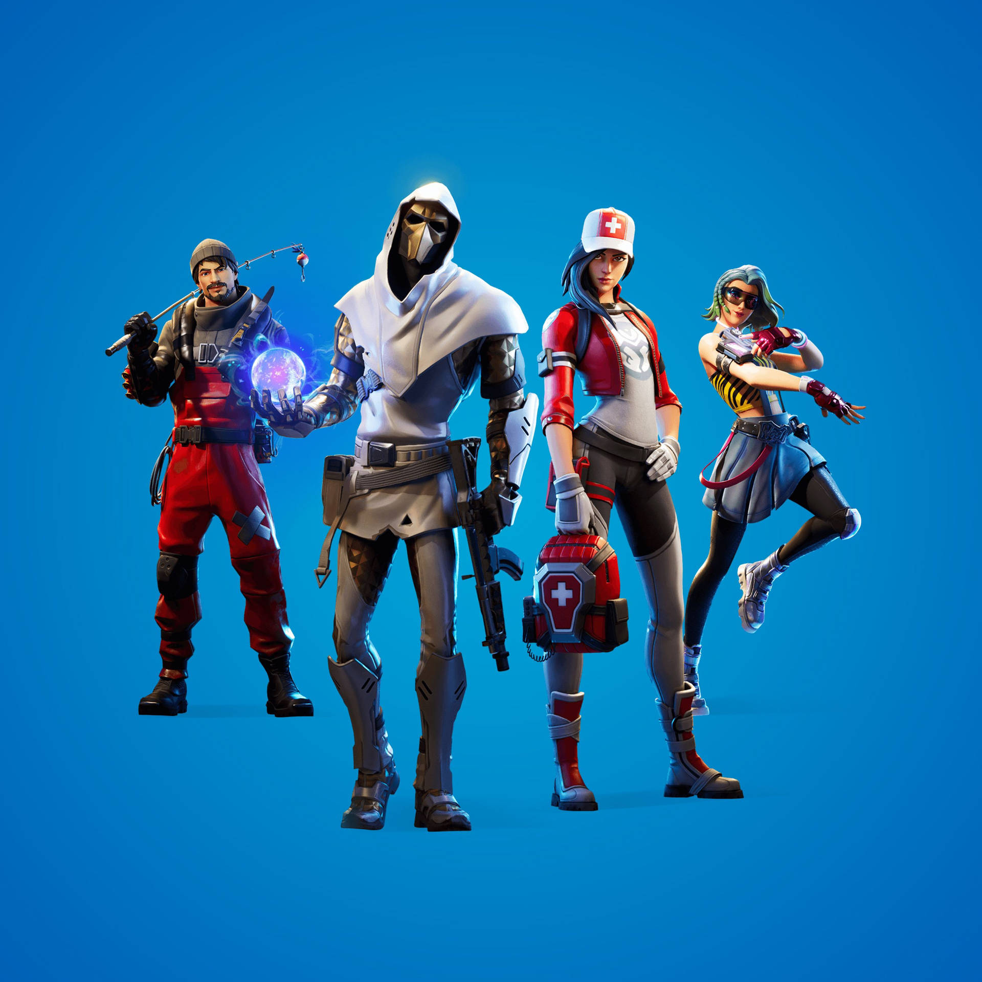 四個穿著彩色裝備的 Fortnite 遊戲角色在藍色背景前擺姿勢。