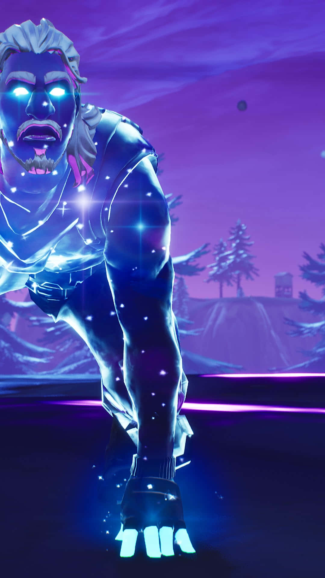 《Fortnite 星際》彎腰俯身 壁紙 — 一個發光嘅藍色裝甲戰士，擁有星星皮膚，蹲喺紫色暮光森林入面。