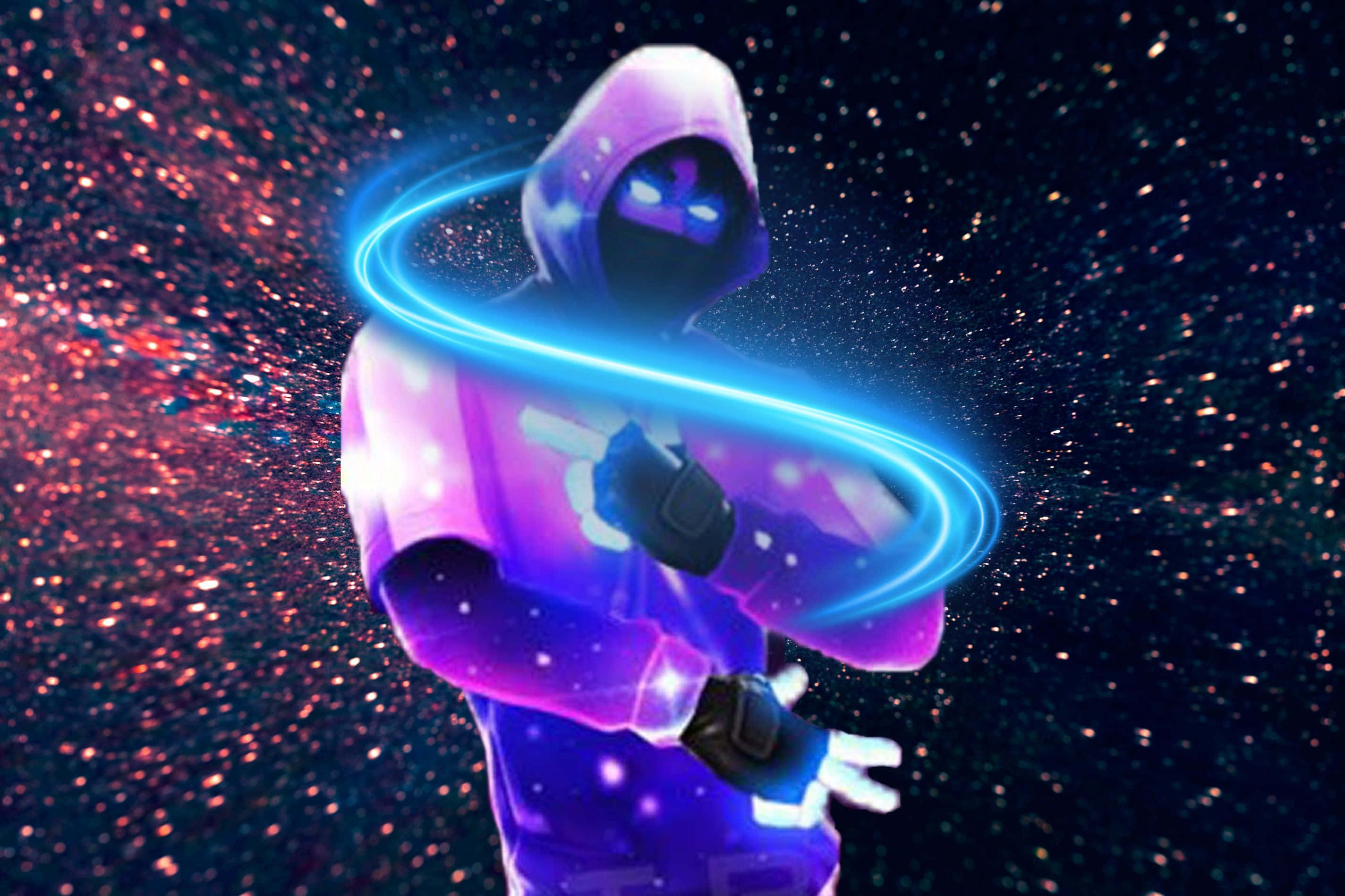 《Fortnite 星際》穿連帽衫 壁紙 — 一個戴著兜帽、身穿發光紫色盔甲的人物，在宇宙星空背景下引導出一道明亮的藍色能量環。