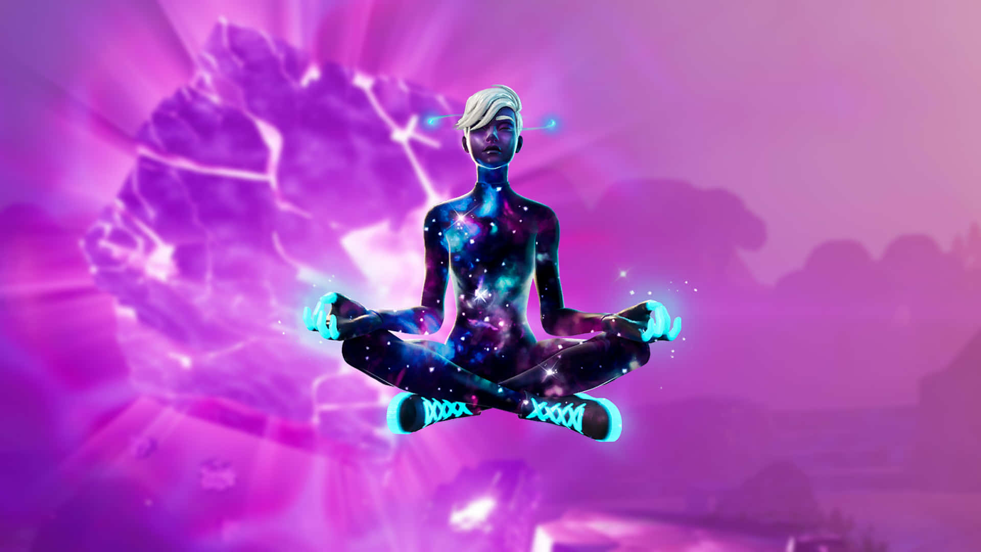 《Fortnite 星際》雙腿交疊 壁紙 — 一個發光的人形人物以蓮花坐姿冥想，背景是帶有星形皮膚和霓虹藍能量的紫色宇宙背景。