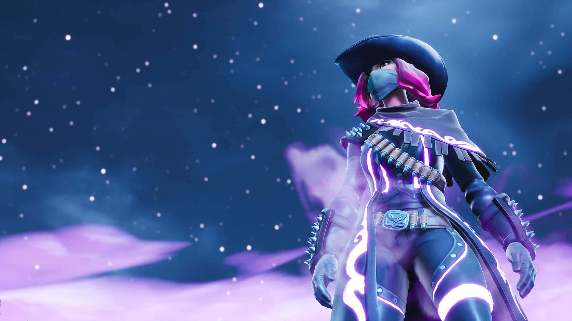 Fortnite 星際主題戴帽人物 壁紙 — 一個風格化的動漫角色，粉紅色頭髮和發光的紫色盔甲，站在繁星點點的夜空下，有旋轉的雲朵。