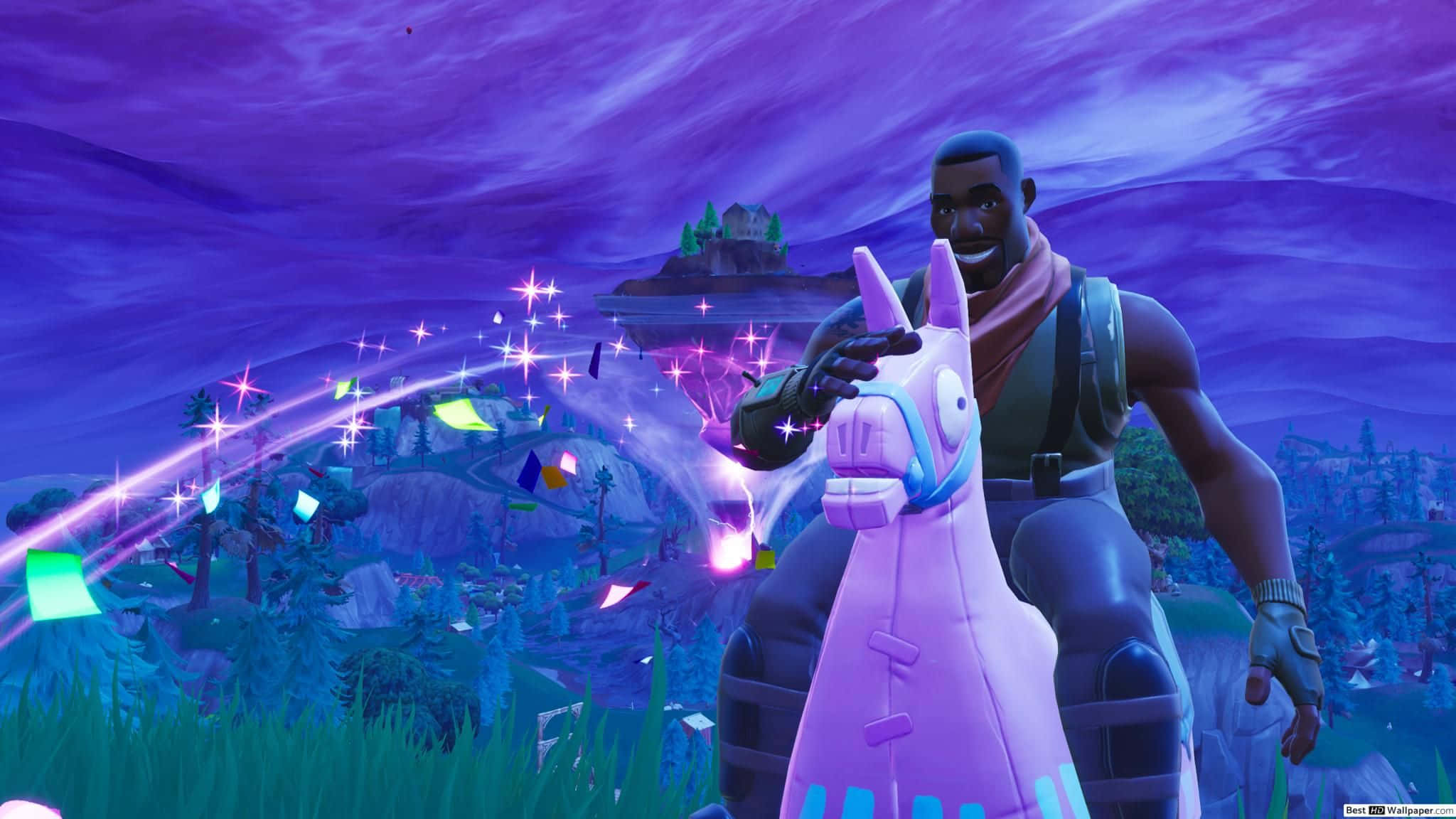 Fortnite 星際主題騎在粉色驢上 壁紙 — 一個《要塞英雄》角色騎著發光的粉紅色羊駝，穿越充滿閃爍魔法效果的紫色暮色風景。
