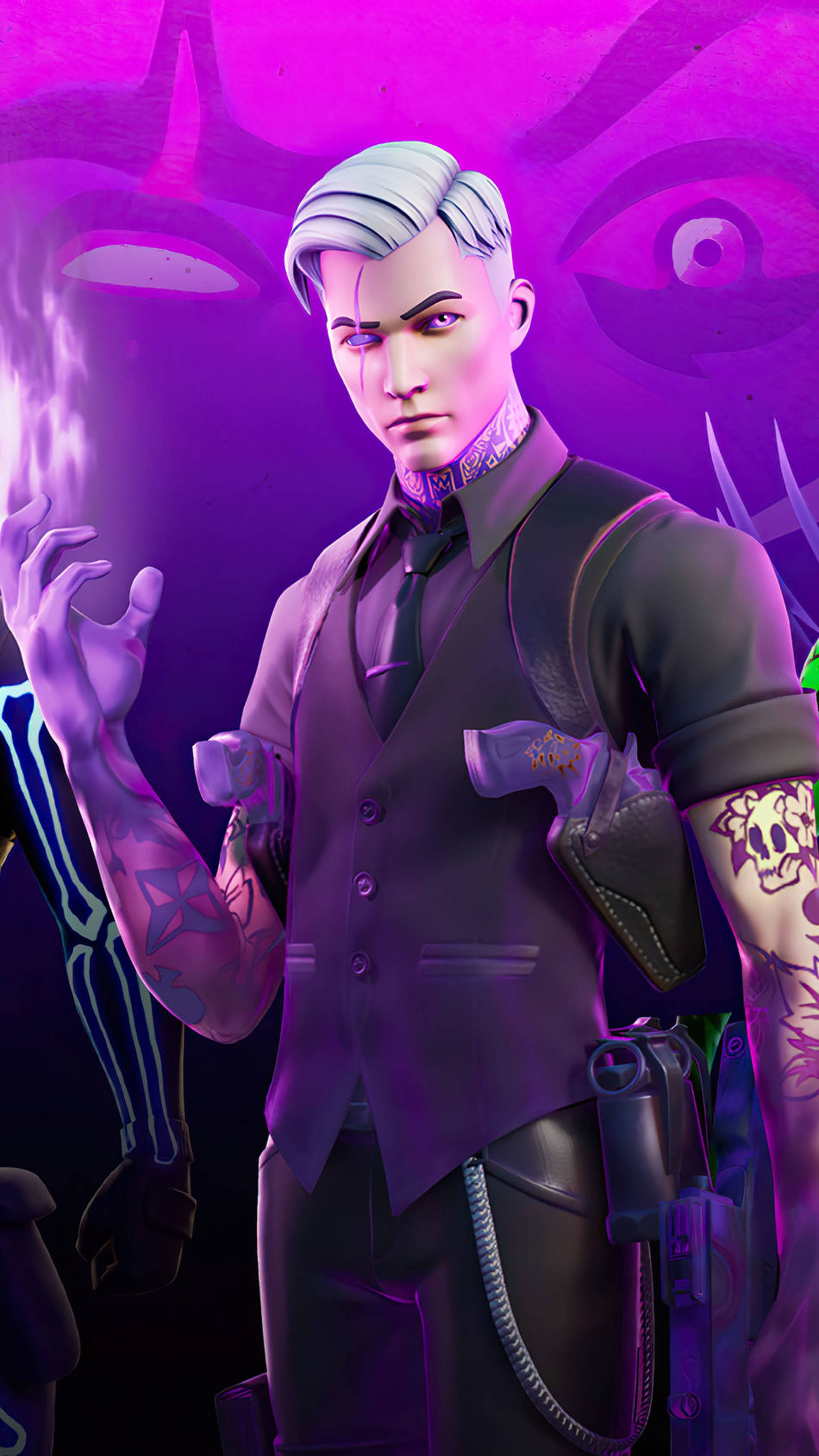 《Fortnite》暗影米達斯紫色藝術 壁紙 — 一個風格化的男性角色，銀色頭髮和紋身，揮舞著發光的紫色能量，背景是威脅性的紫色眼睛。