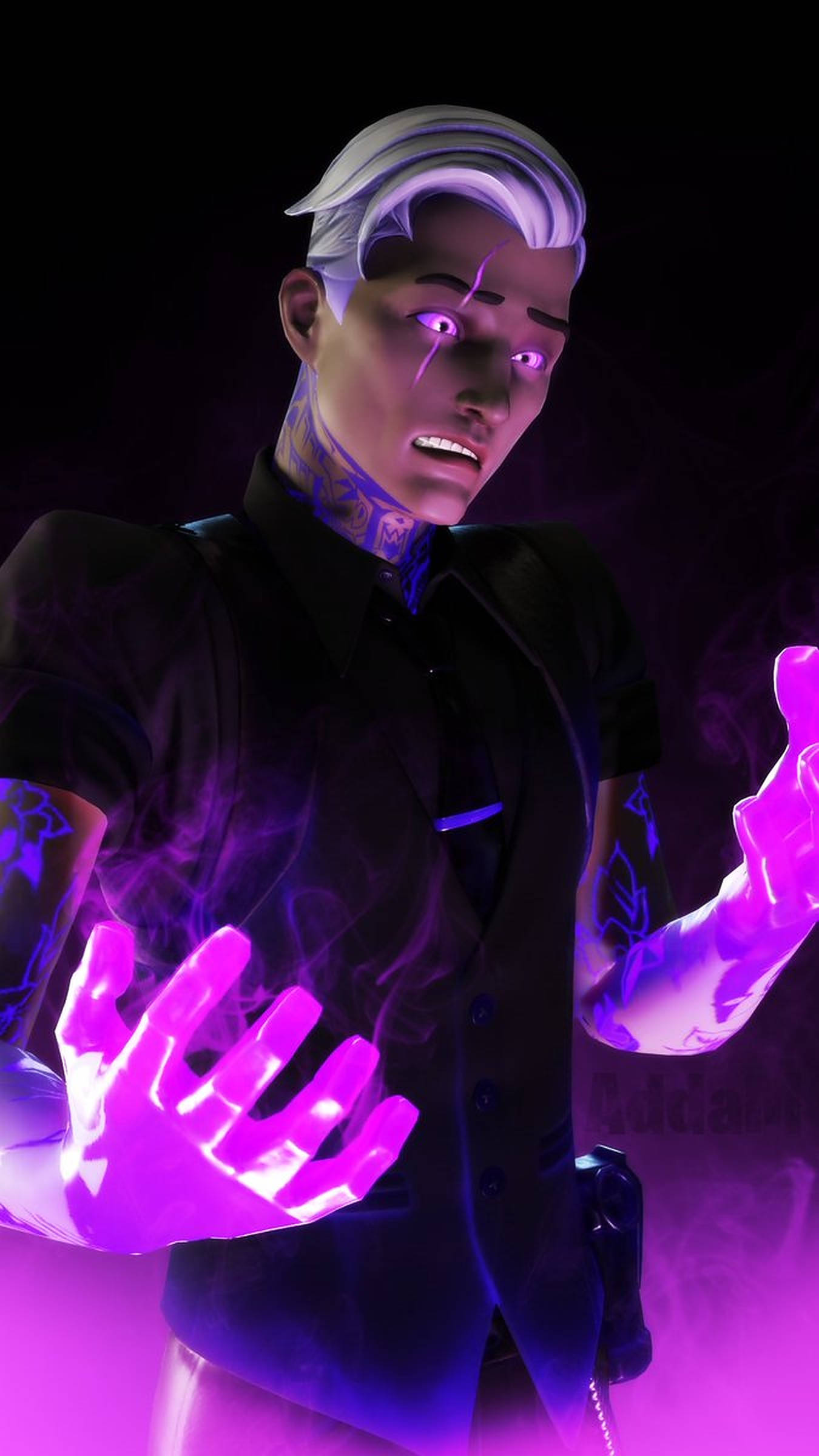 《Fortnite》暗影米達斯變身 壁紙 — 一個賽博龐克動漫角色，擁有發光的紫色雙手和紋身，在黑暗背景下引導能量。