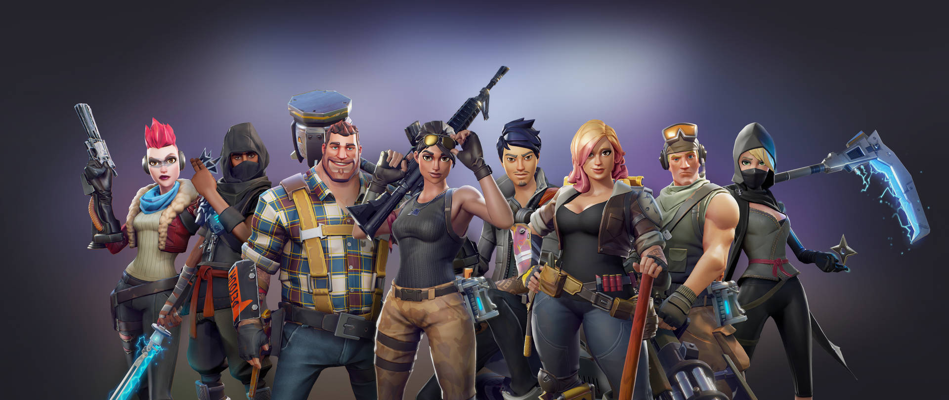 Fortnite 遊戲角色手持武器擺出團隊姿勢。
