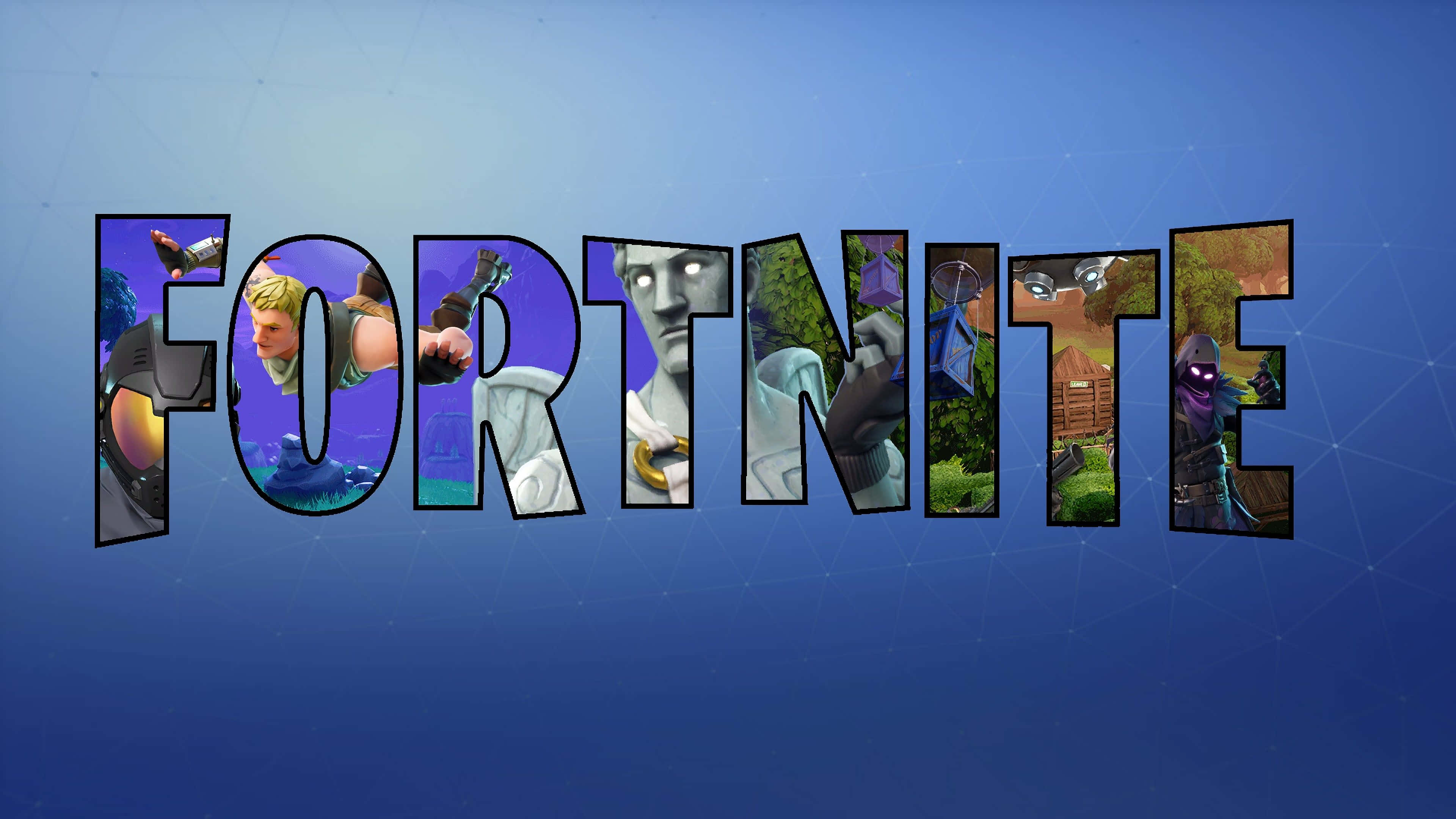 Fortnite Battle Royale 桌布 壁紙 — Fortnite 標誌，每個字母內填充不同的遊戲場景和角色，背景為藍色漸變。