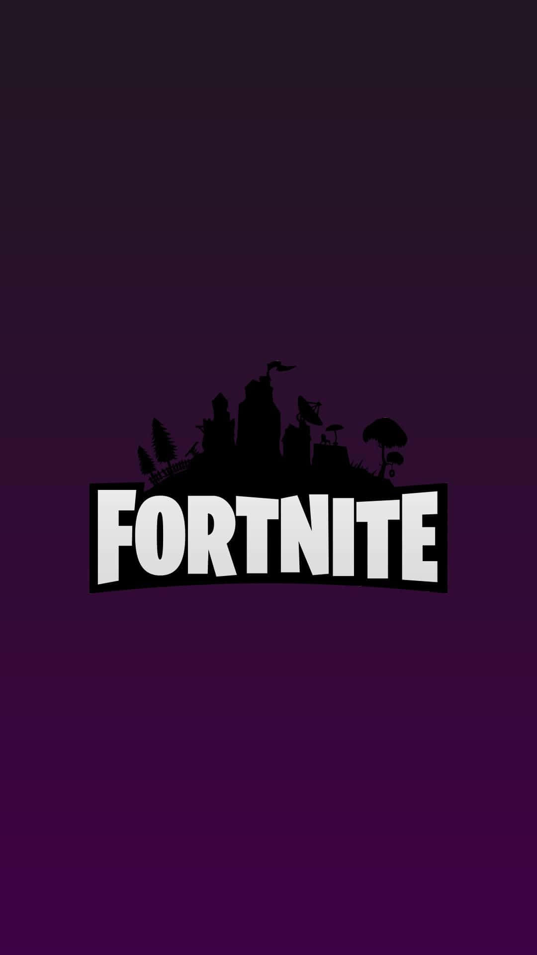 Fye No Skin Fortnite 桌布 壁紙 — Fortnite 標誌以粗體白色字體呈現，並帶有黑色城市景觀剪影，背景為紫色漸變。