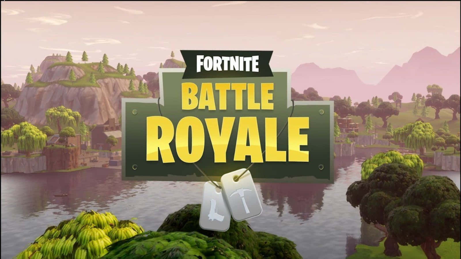 《Fortnite》標誌搭配大逃殺模式場景 壁紙 — Fortnite Battle Royale 標誌漂浮在寧靜的湖面上，周圍是茂密的綠植和遠山，背景是日落。