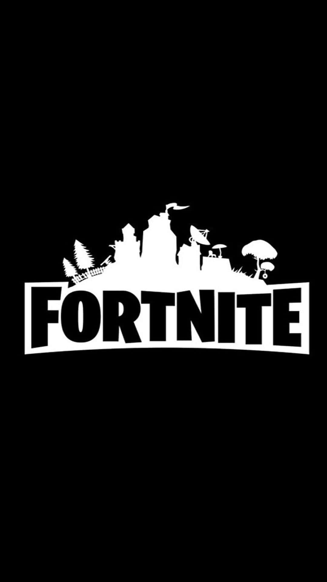 《Fortnite》標誌搭配遊戲地圖碎片 壁紙 — 白色Fortnite標誌，黑色背景上帶有遊戲圖標剪影。