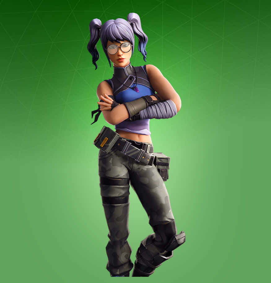 Fortnite角色，紫色辮子和眼鏡，穿著遊戲服裝。
