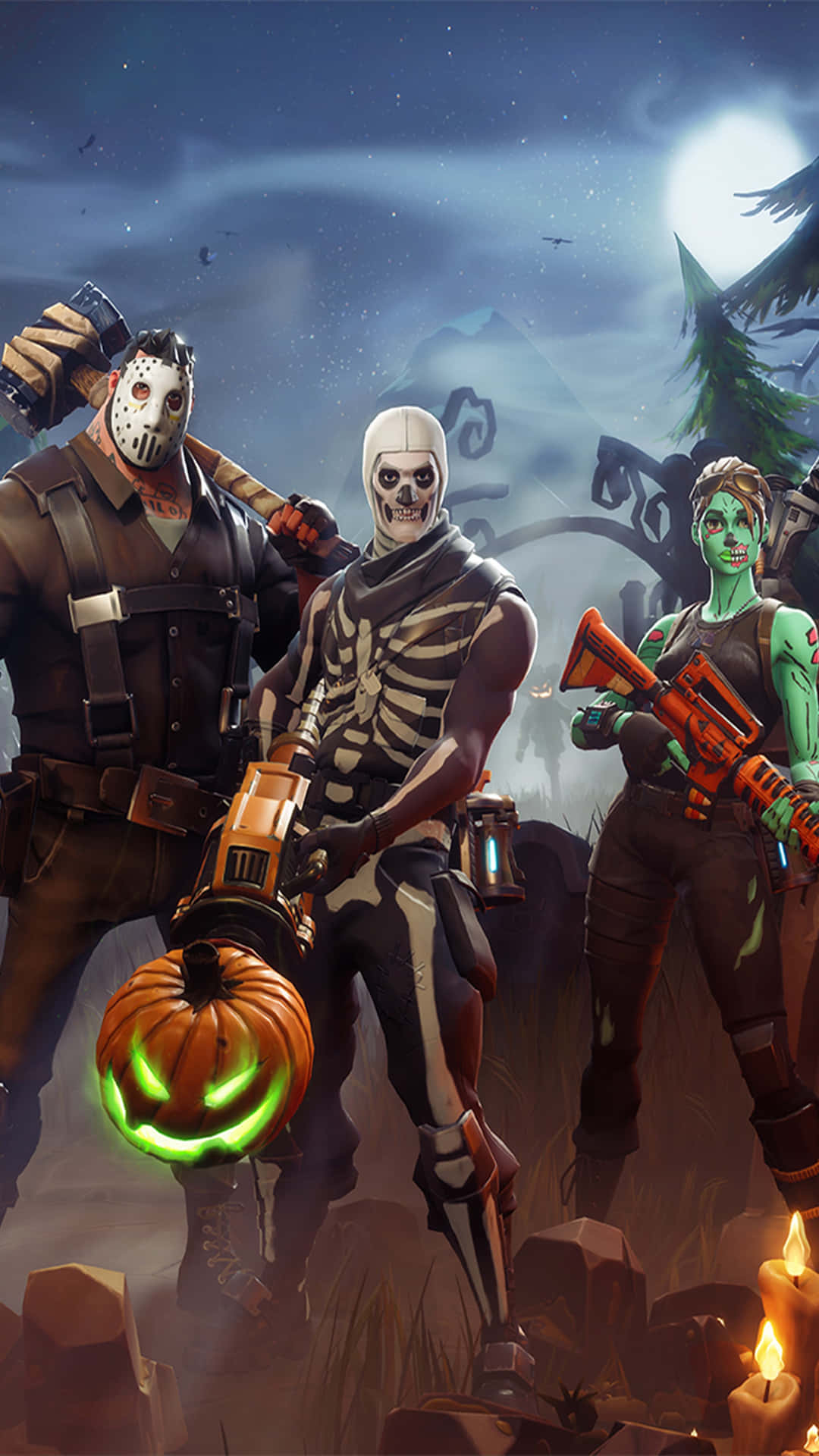 三個Fortnite萬聖節角色在墓地中，滿月下發光南瓜和蠟燭。