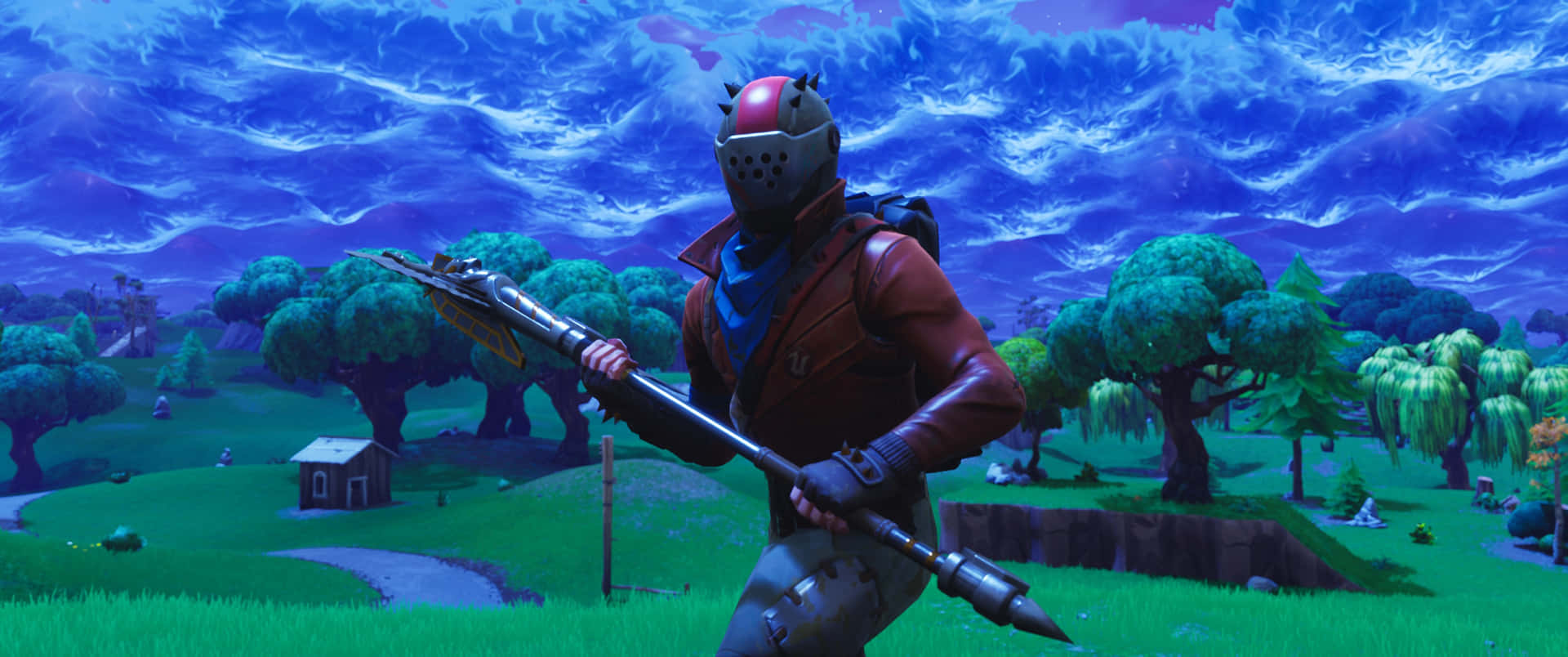 Fortnite角色在充滿活力的遊戲場景中手持火箭發射器