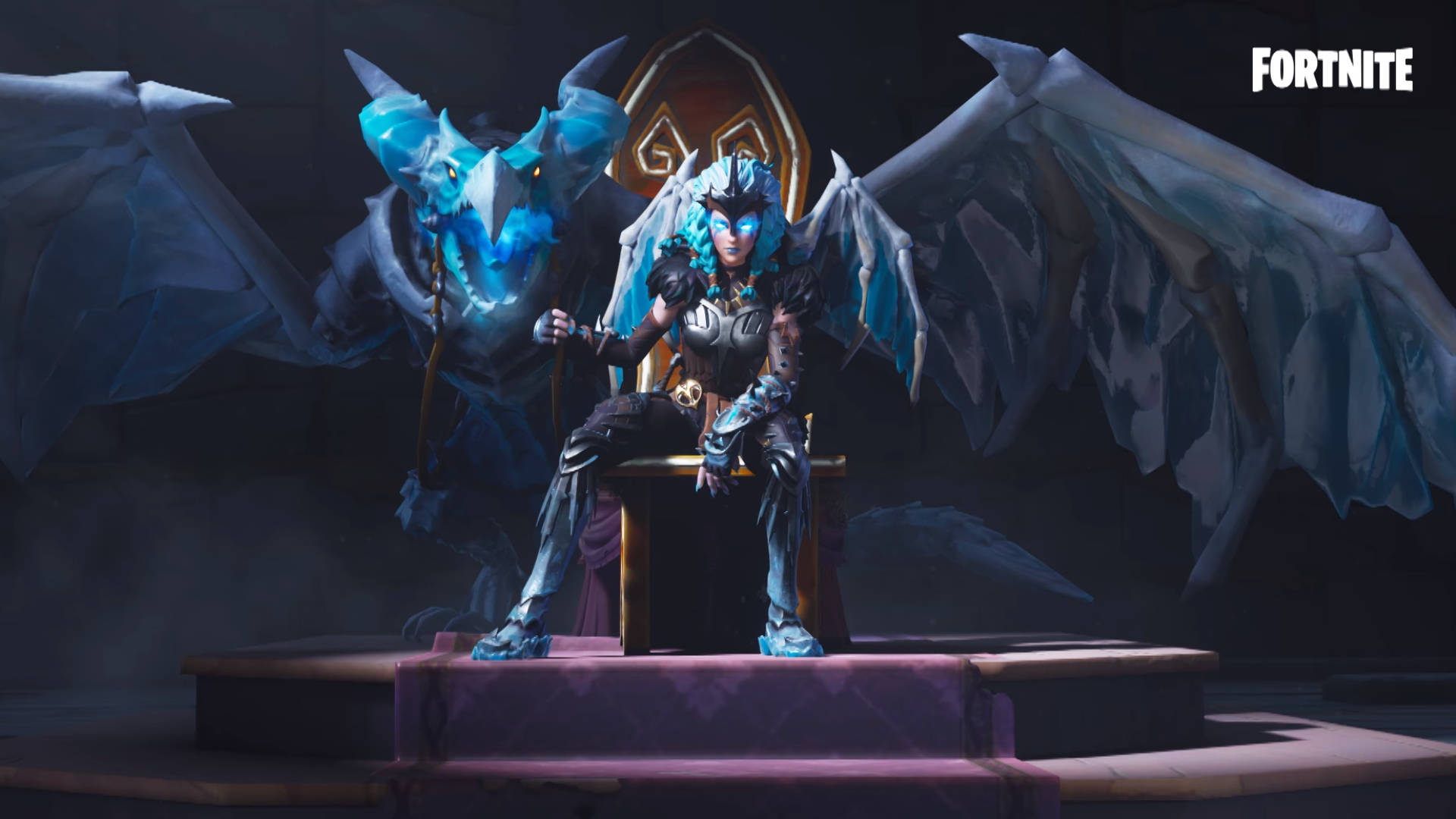 Fortnite 火力全開 瓦爾基麗與霜翼龍 壁紙 — 一個冰霜主題嘅Fortnite角色，帶有冰翼，喺黑暗大教堂入面，喺一個由發光冰龍伴隨嘅王座上威嚴地坐著。
