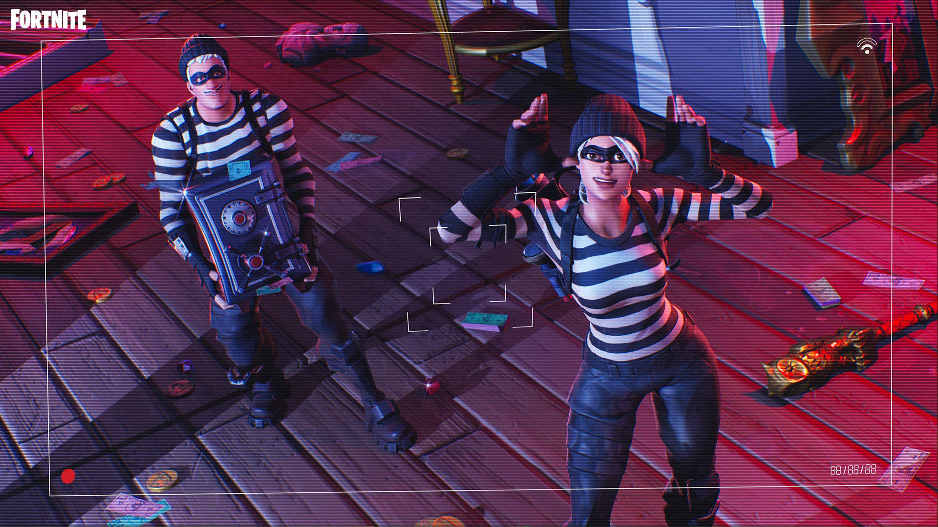 Fortnite 火力全開 盜寶CCTV畫面 壁紙 — 兩個穿著條紋服裝的Fortnite角色在紅色霓虹燈下的木地板上動態擺姿勢。