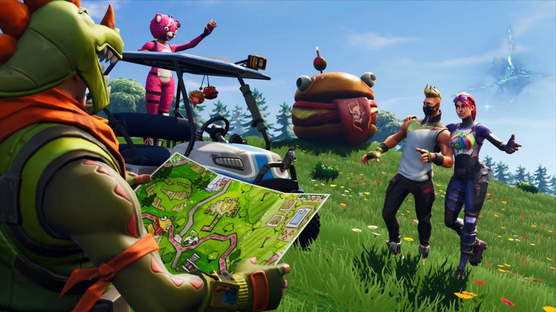 Fortnite 火力全開 草地上的角色們 壁紙 — 四個Fortnite角色在明亮的藍天下探索一片草地，草地上有一個巨大的漢堡和一輛高爾夫球車。