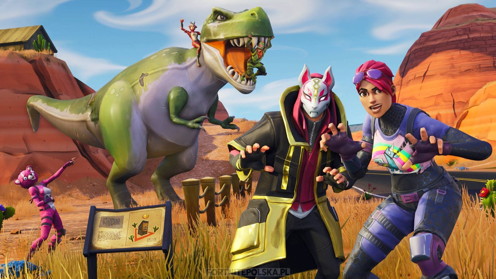 Fortnite 火力全開 角色與恐龍 壁紙 — 兩個要塞英雄角色在紅色岩層的沙漠峽谷中，在一隻咆哮的綠色暴龍旁邊動態擺姿勢。