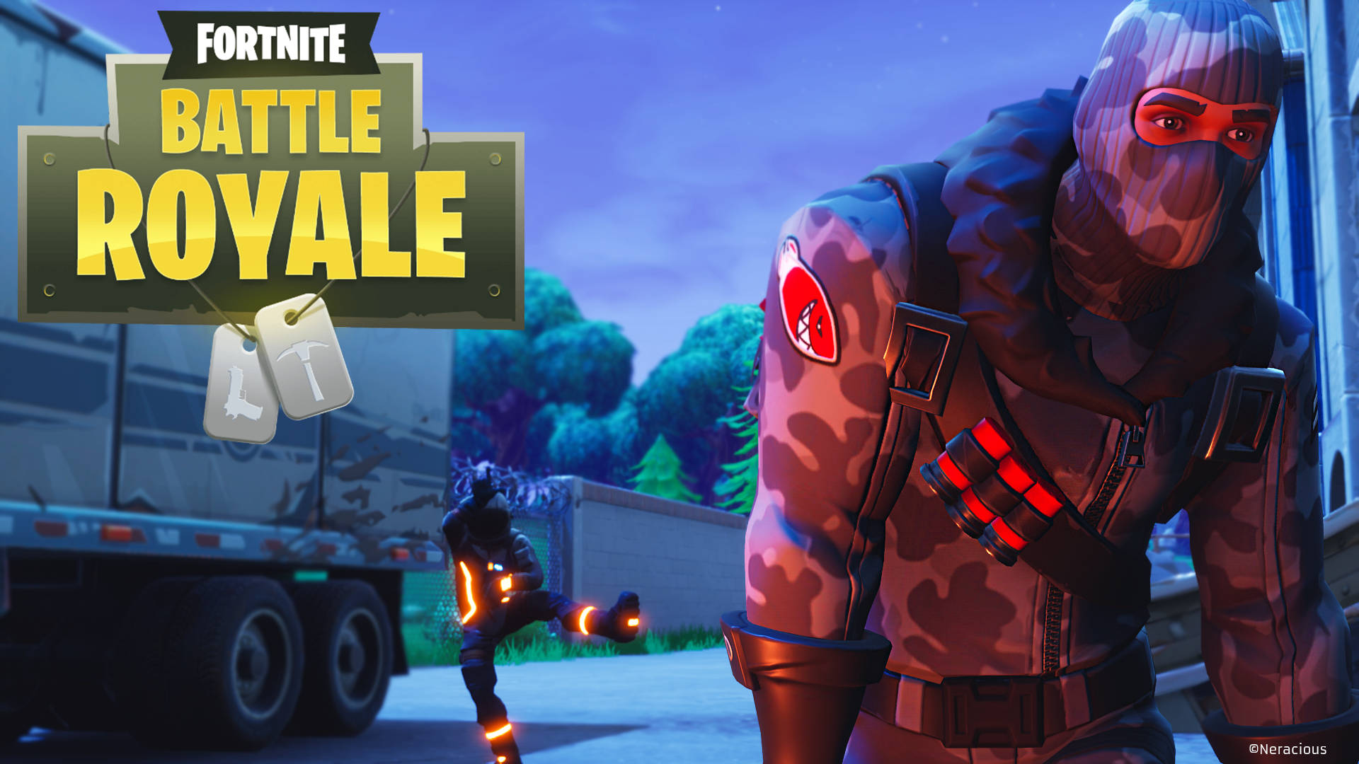 Fortnite 火力全開 軍用卡車 壁紙 — 一個穿著迷彩裝備的 Fortnite Battle Royale 角色站在卡車旁，而另一個玩家則穿著發光的橙色靴子跳躍。