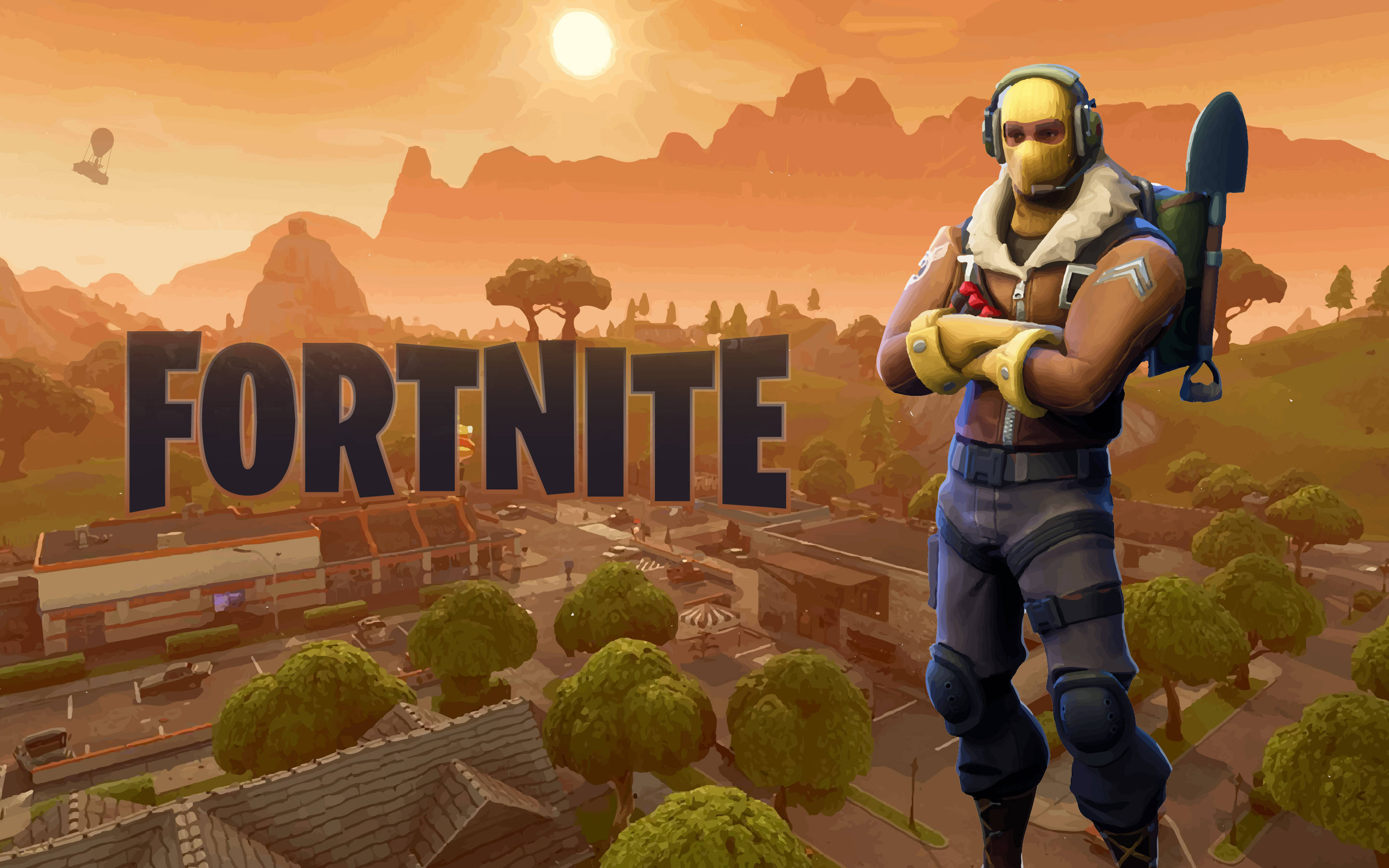 Fortnite 火力全開 鳥人皮膚與社區 壁紙 — 一個《要塞英雄》角色自信地站在風格化的城鎮中，背景是日落時分的山脈和遊戲標誌。