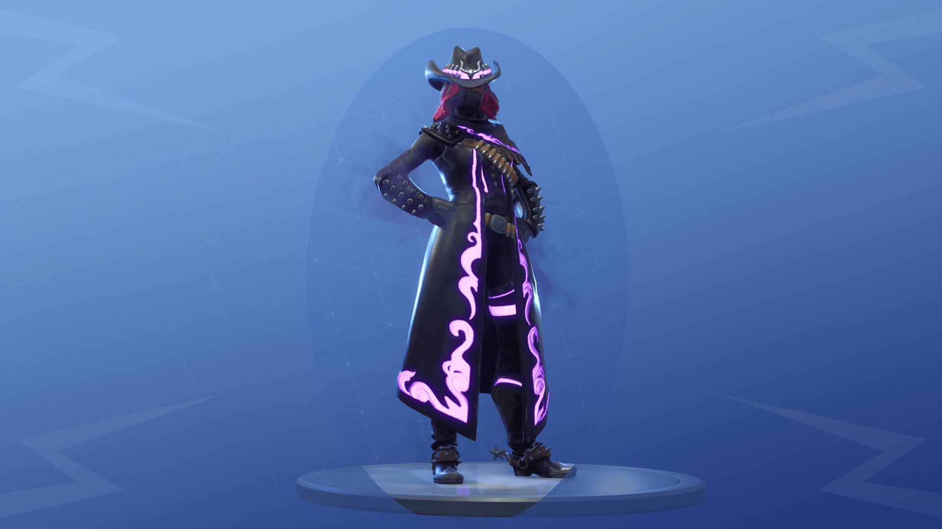 Fortnite 災難第五階段裝扮 壁紙 — 一個風格化的電子遊戲角色，身穿黑色牛仔服裝，帶有發光的紫色漩渦，自信地站在圓形平台上，背景是藍色漸變。