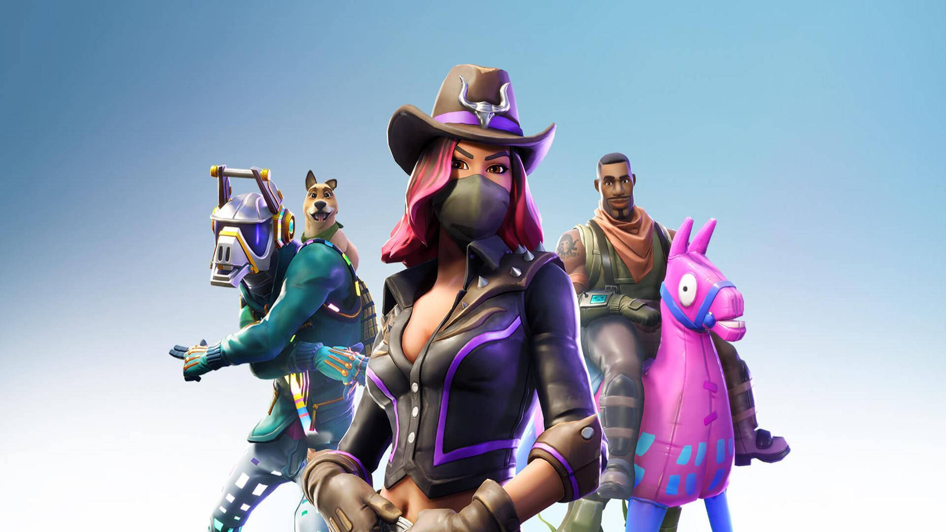 Fortnite 災難與其他角色同框 壁紙 — 四個《要塞英雄》角色穿著鮮豔服裝，在晴朗藍天下與粉紅馬自信擺姿勢。