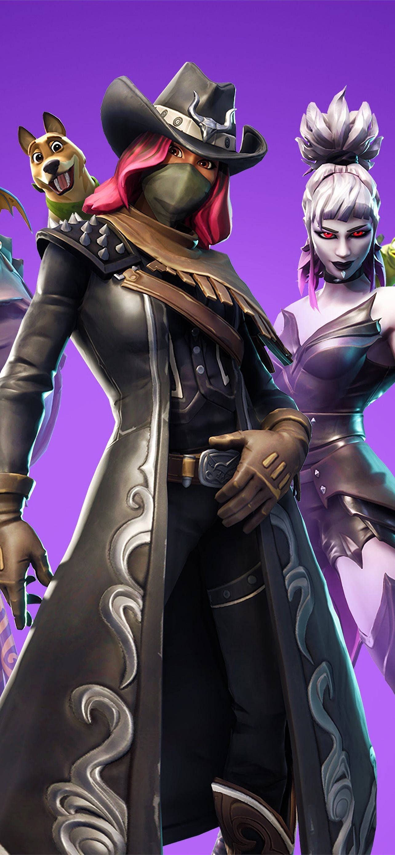 Fortnite 災難與暮色同框 壁紙 — 兩個風格化的Fortnite角色，穿著牛仔和奇幻服裝，站在充滿活力的紫色背景前。