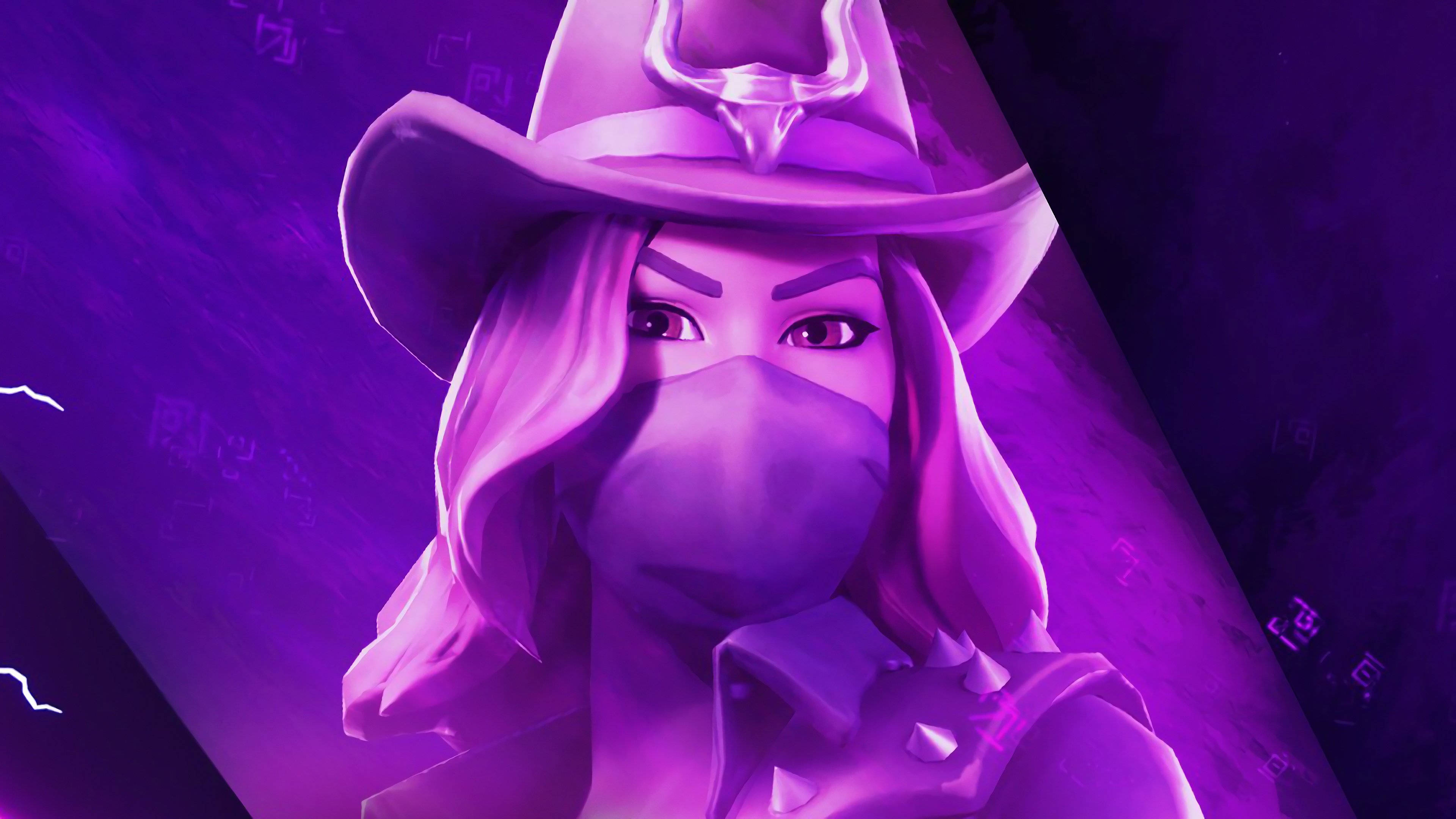 Fortnite 災難角色特寫肖像 壁紙 — 一個風格化的數碼角色，戴著紫色牛仔帽和面具，在紫色霓虹燈光下發光。
