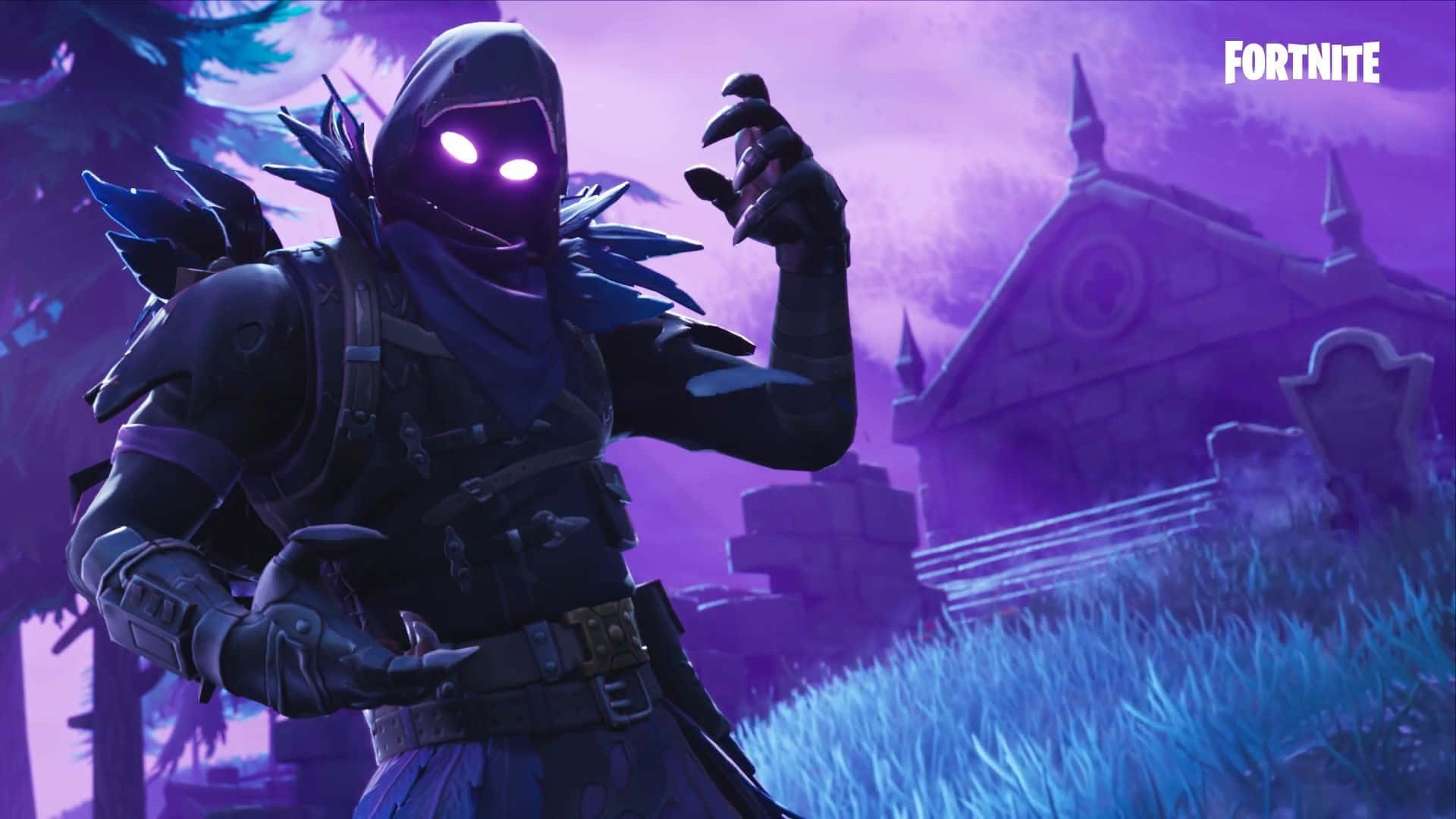 《Fortnite》烏鴉皮膚——釋放你內在的泰坦力量。 壁紙 — 一個戴面具、眼睛發光、身穿暗色盔甲的角色，在紫色墓園中，暮色天空下威嚇地站立。