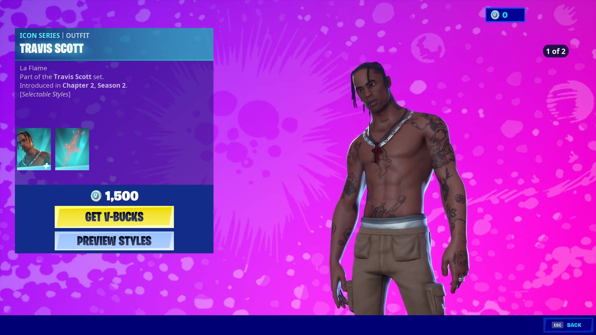 《要塞英雄》角色 Travis Scott 穿著遊戲服裝，帶有紋身和鏈條。