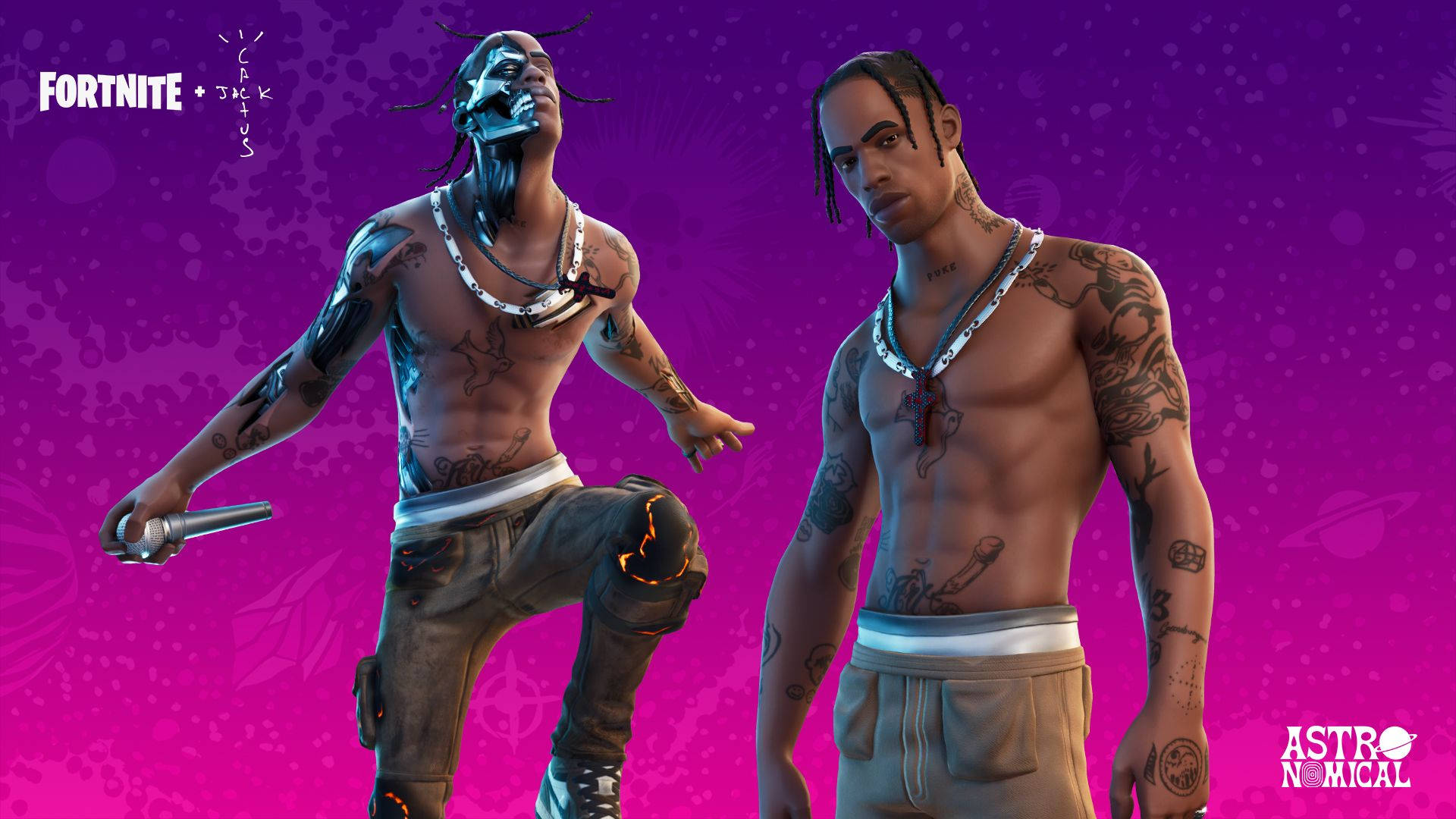 兩個帶有紋身和發光效果的Fortnite角色，背景為紫色。