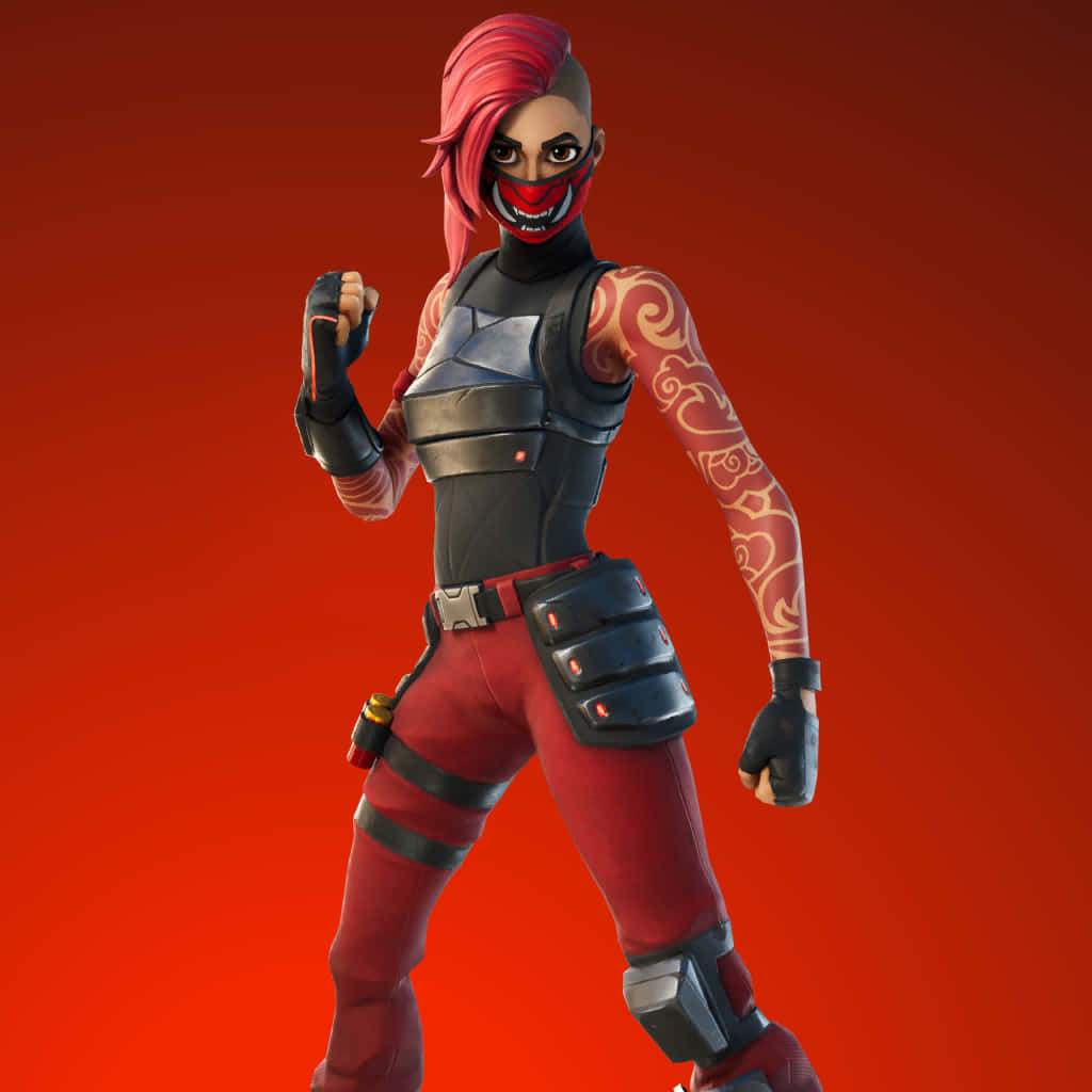 身穿紅黑裝備、帶有紋身和面具的Fortnite角色。
