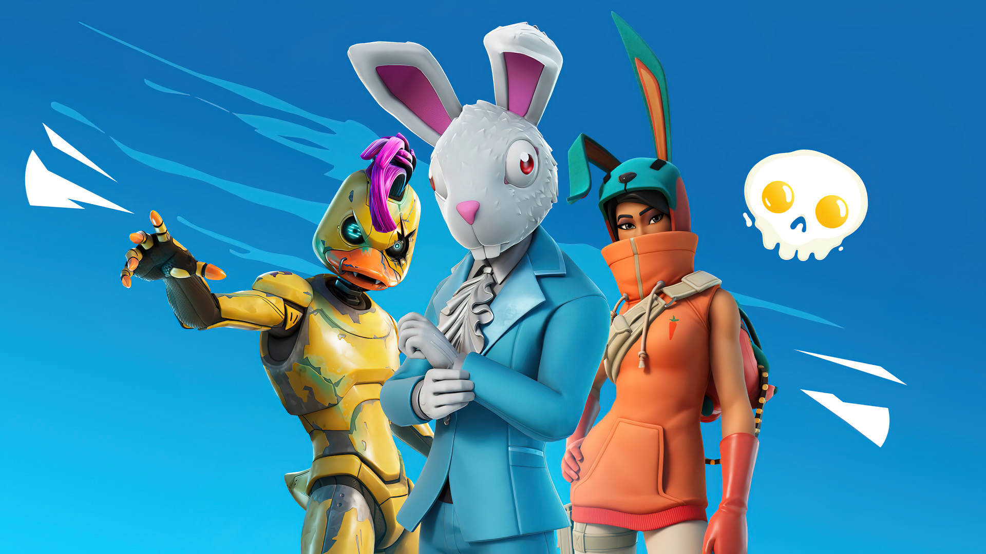 三個兔子主題的 Fortnite 角色，在附近有一個漂浮的骷髏頭，擺出動作姿勢。