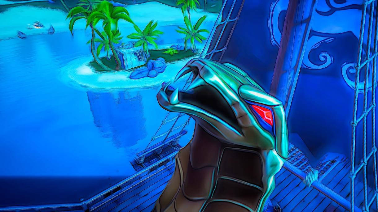 Fortnite 畫面縮圖：天際蛇 壁紙 — 一個發光的青綠色機械蛇頭，長著紅色的眼睛，從一艘船的甲板上窺視，俯瞰著深藍色海水中的熱帶島嶼。