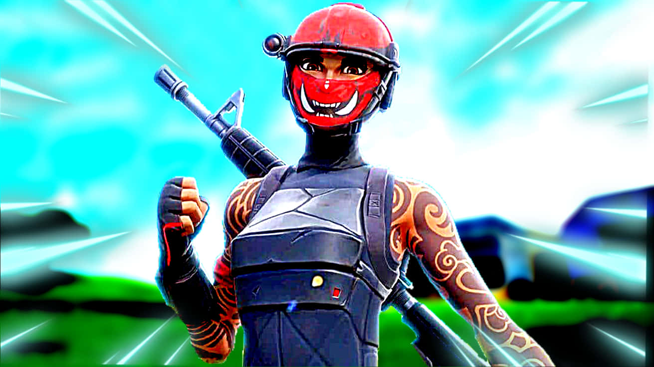 Fortnite中的遊戲角色，手持步槍，帶有紅色臉部彩繪和紋身。