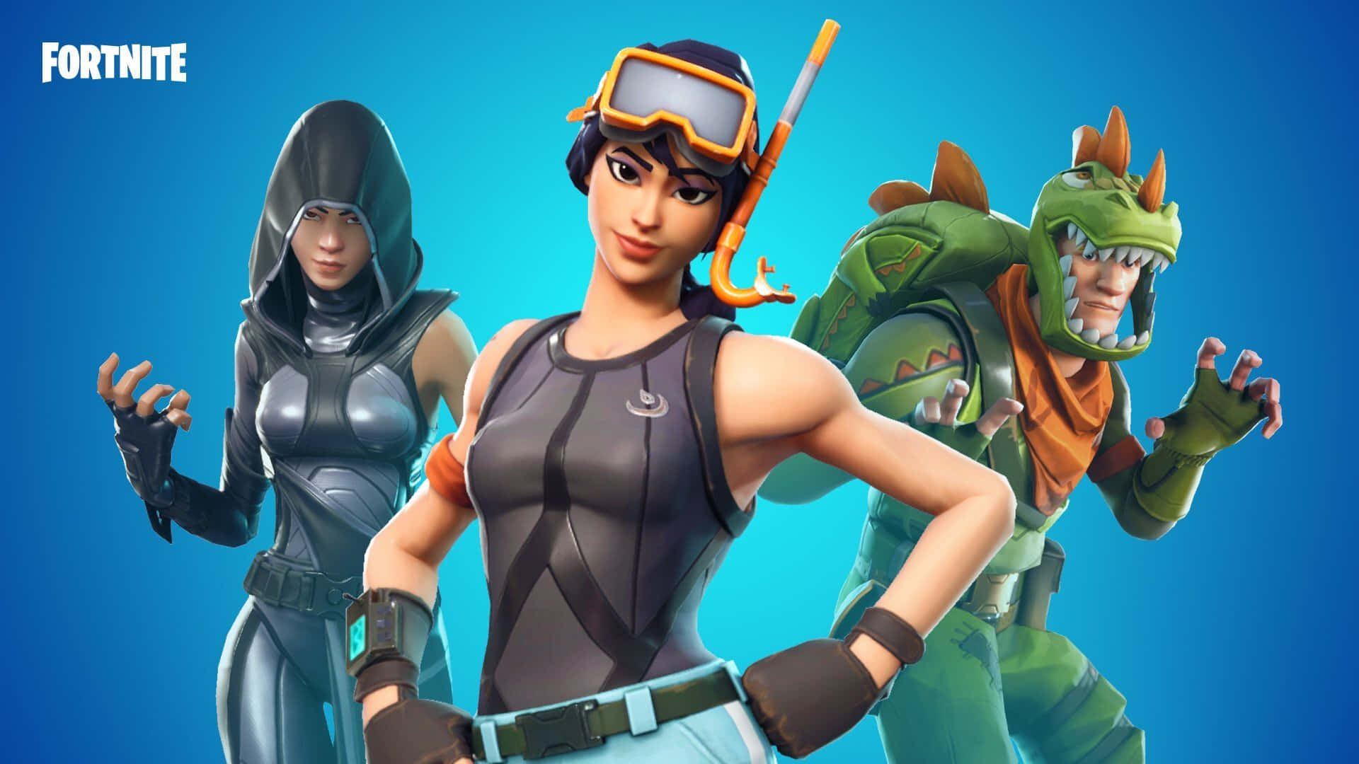 三個穿著未來風格服裝的 Fortnite 遊戲角色在藍色背景前擺姿勢。