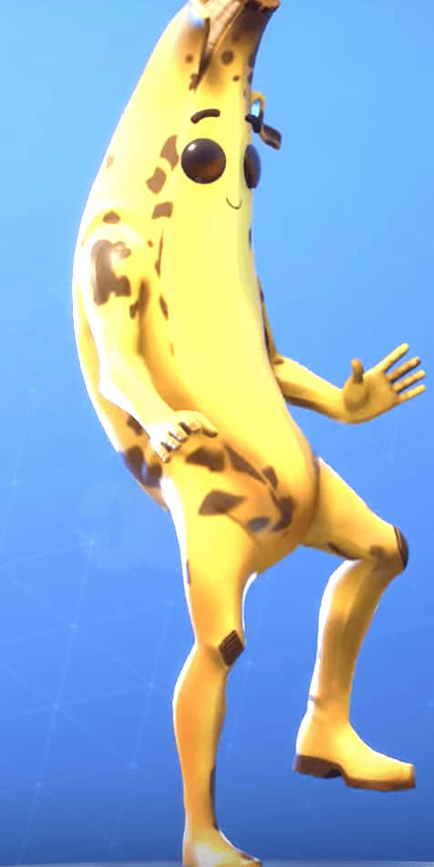 《Fortnite》皮利走向勝利 壁紙 — 一個卡通香蕉角色，帶有棕色斑點和微笑，在藍色漸變背景上跳舞。