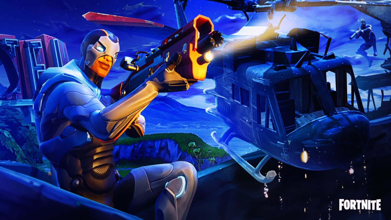 Fortnite 角色在夜間用武器瞄準直升機