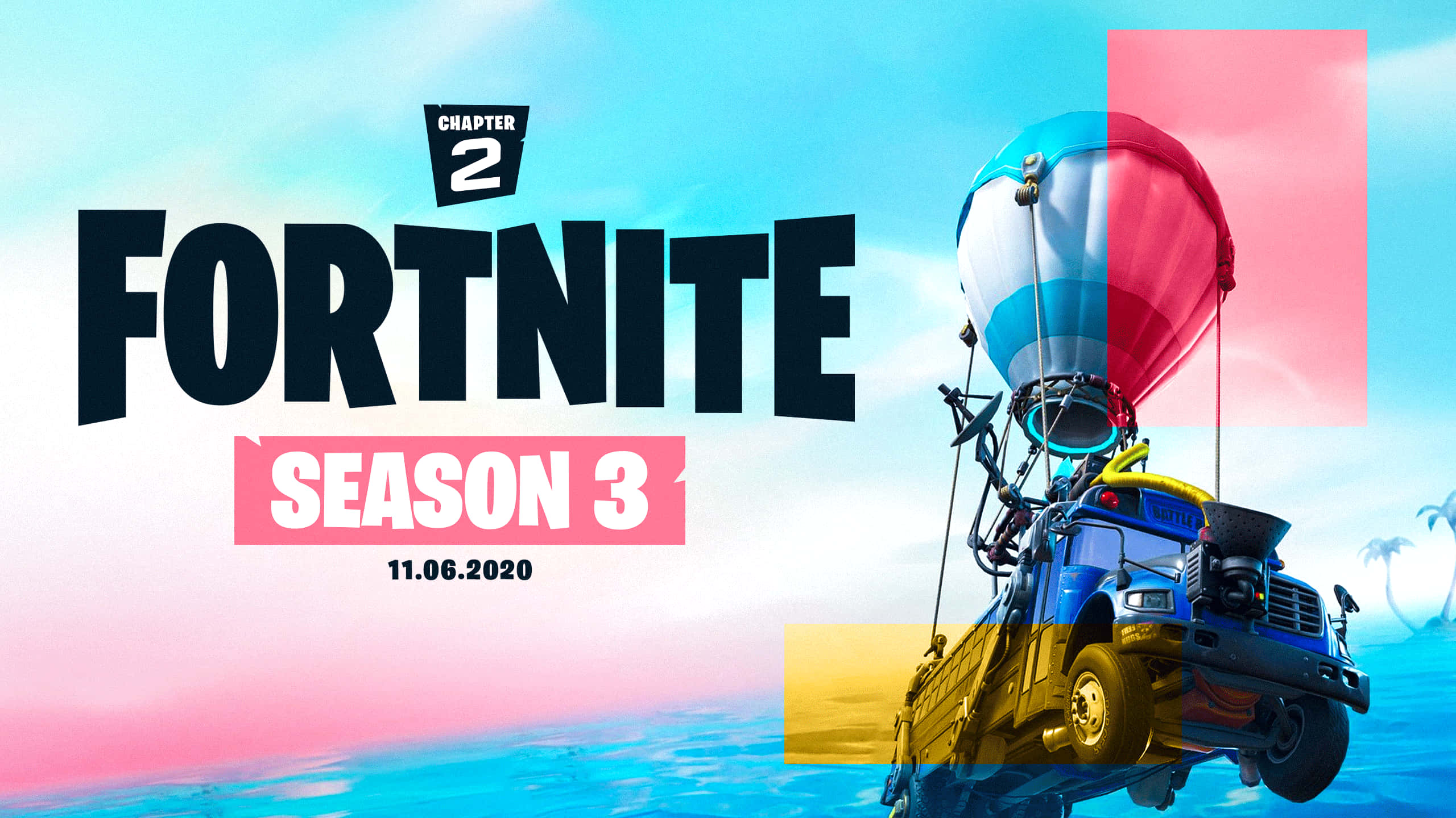 《Fortnite 章節3 季節1》即將登場，多款時尚裝扮等你挑選 壁紙 — 一架藍色貨車，車頂綁著一個熱氣球，漂浮在粉紅色和藍色天空下的海浪之上。