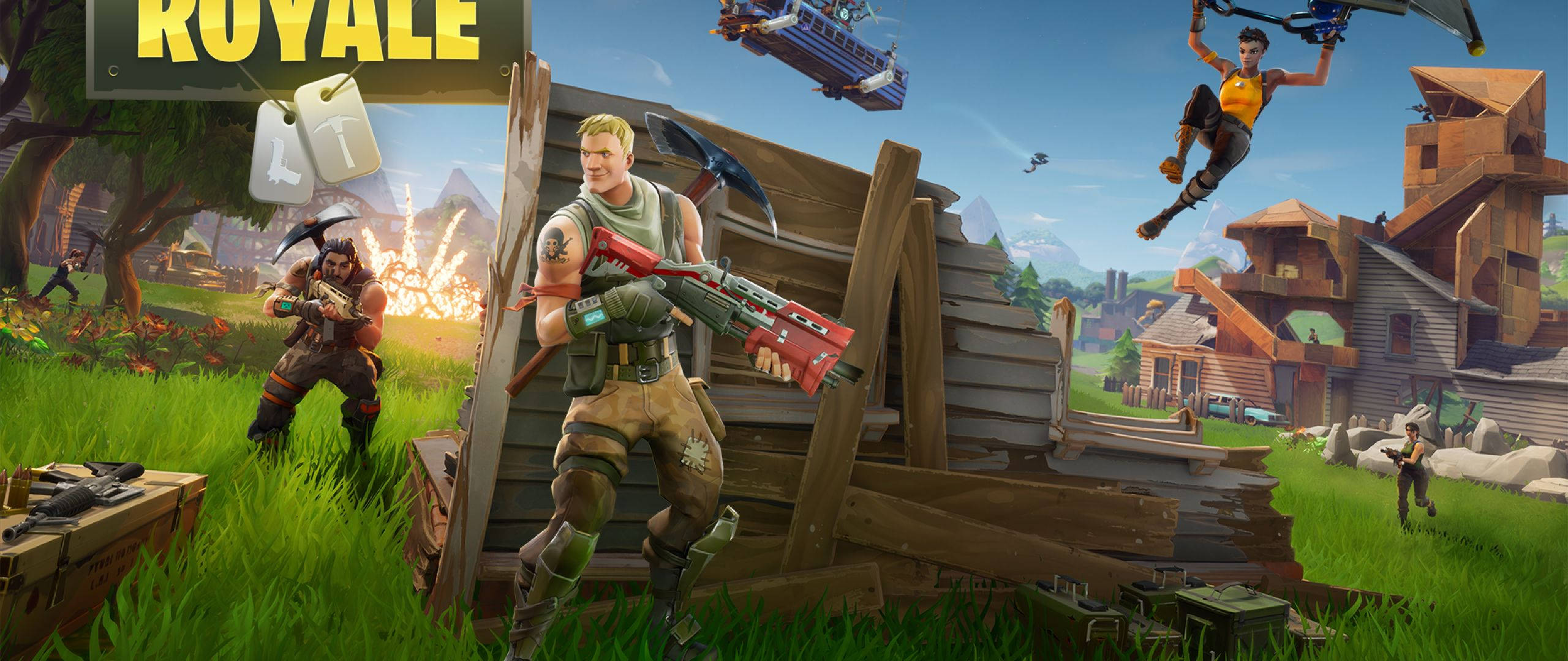 《Fortnite 競技場》廢墟戰鬥 壁紙 — Fortnite 玩家在晴朗藍天下，於充滿活力的草地戰場上戰鬥，戰場上有木製結構和飛行載具。