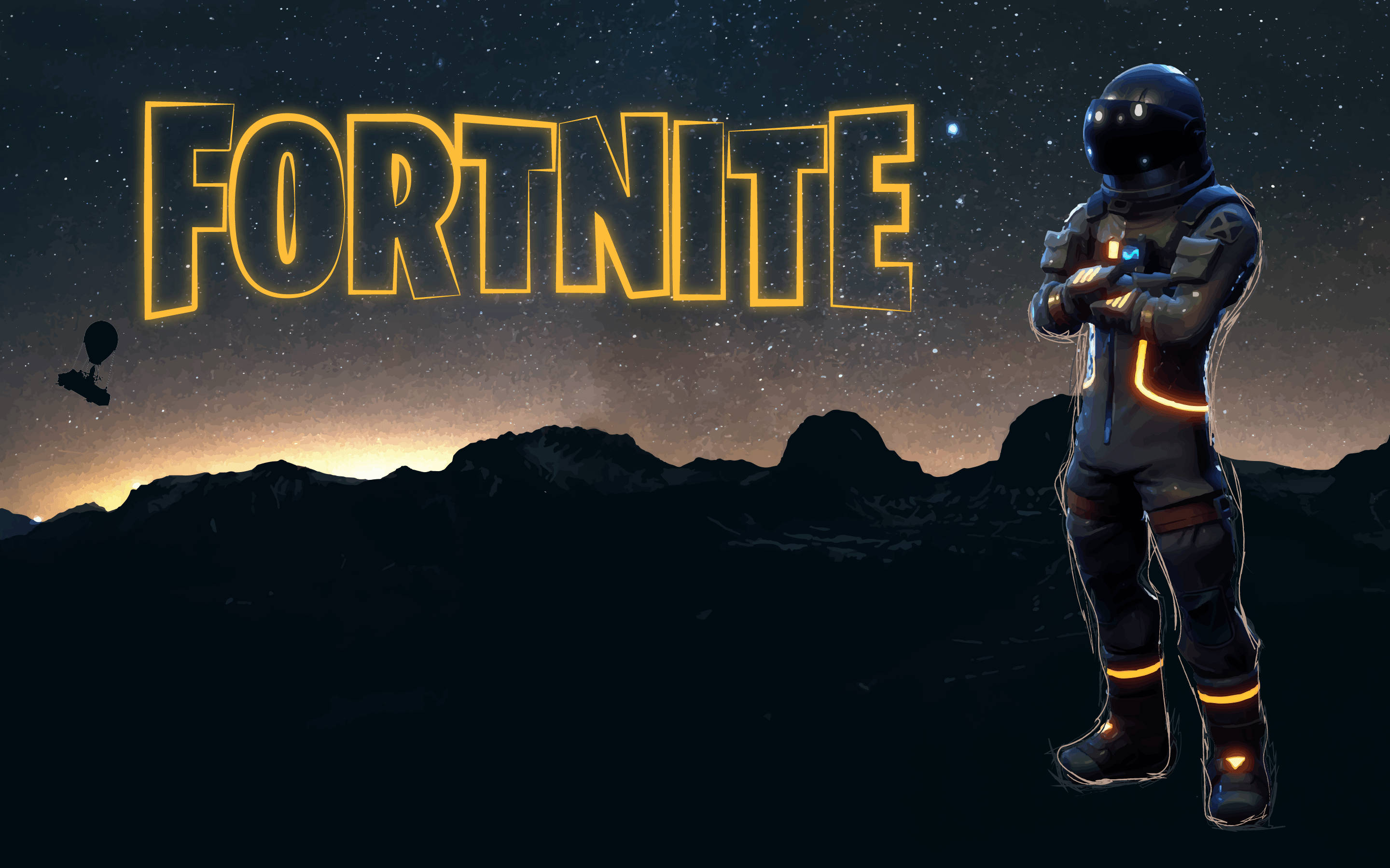 《Fortnite 競技場》暗星旅者於太空 壁紙 — 一個Fortnite太空人站在星空下，帶有發光的黃色標誌和黃昏時遠處的山脈。