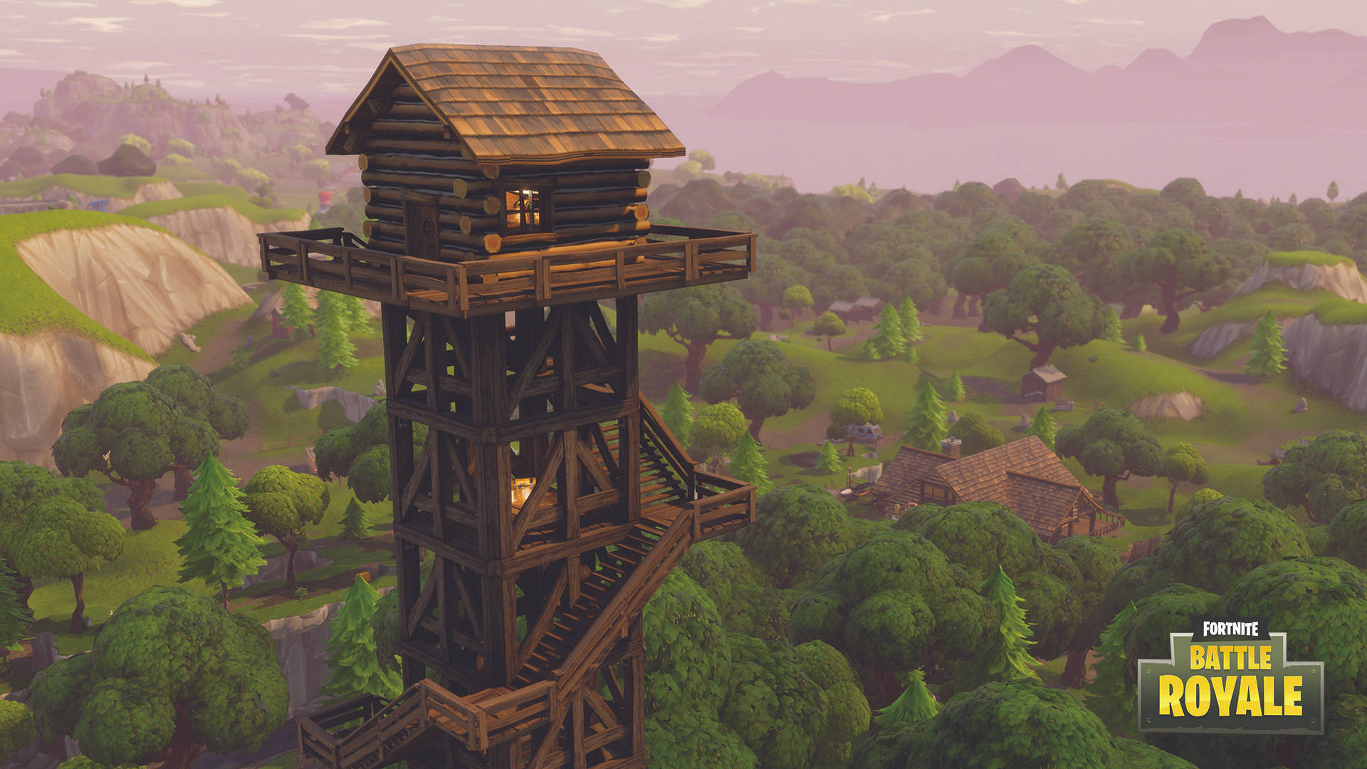 《Fortnite 競技場》森林中的木屋 壁紙 — 一座木製瞭望塔聳立在鬱鬱蔥蔥的綠色山谷中，遠處有山脈，天空呈現柔和的紫色。
