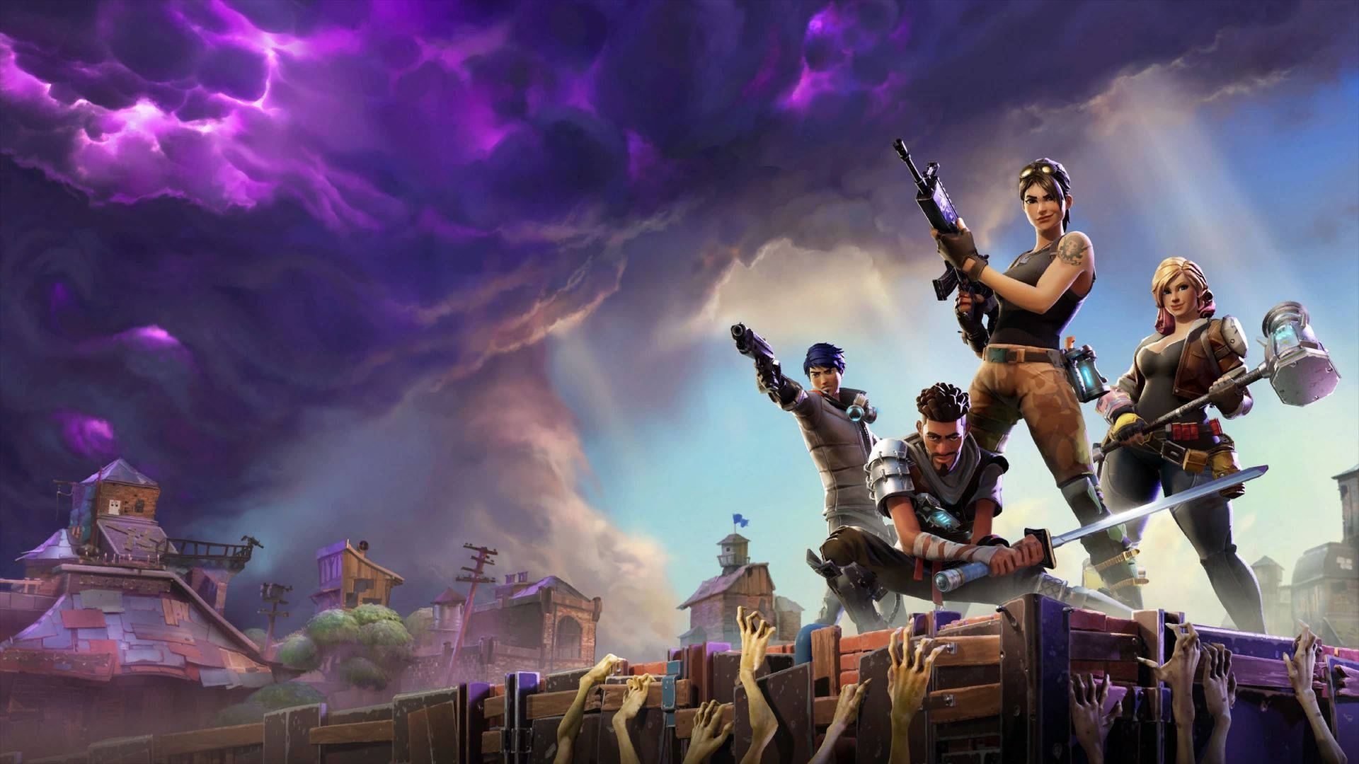 《Fortnite 競技場》玩家與殭屍合影 壁紙 — 四個 Fortnite 角色站在木箱上，殭屍手從下方伸出，背景是暴風雨的紫色天空。