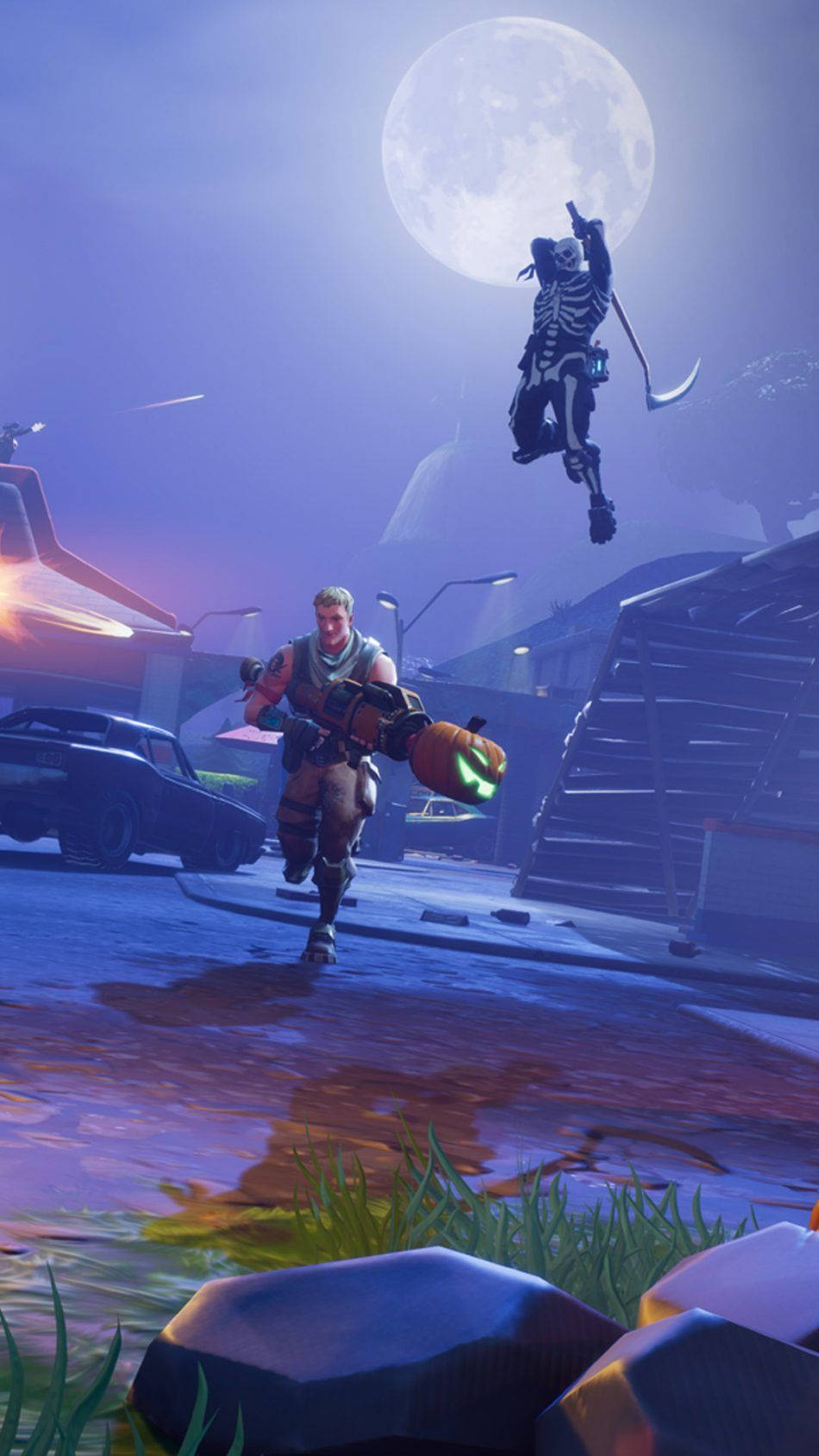 《Fortnite 競技場》玩家與骷髏戰士 壁紙 — 一名Fortnite玩家在月光下的城市廢墟中奔跑，一個骷髏敵人在他上方跳躍。
