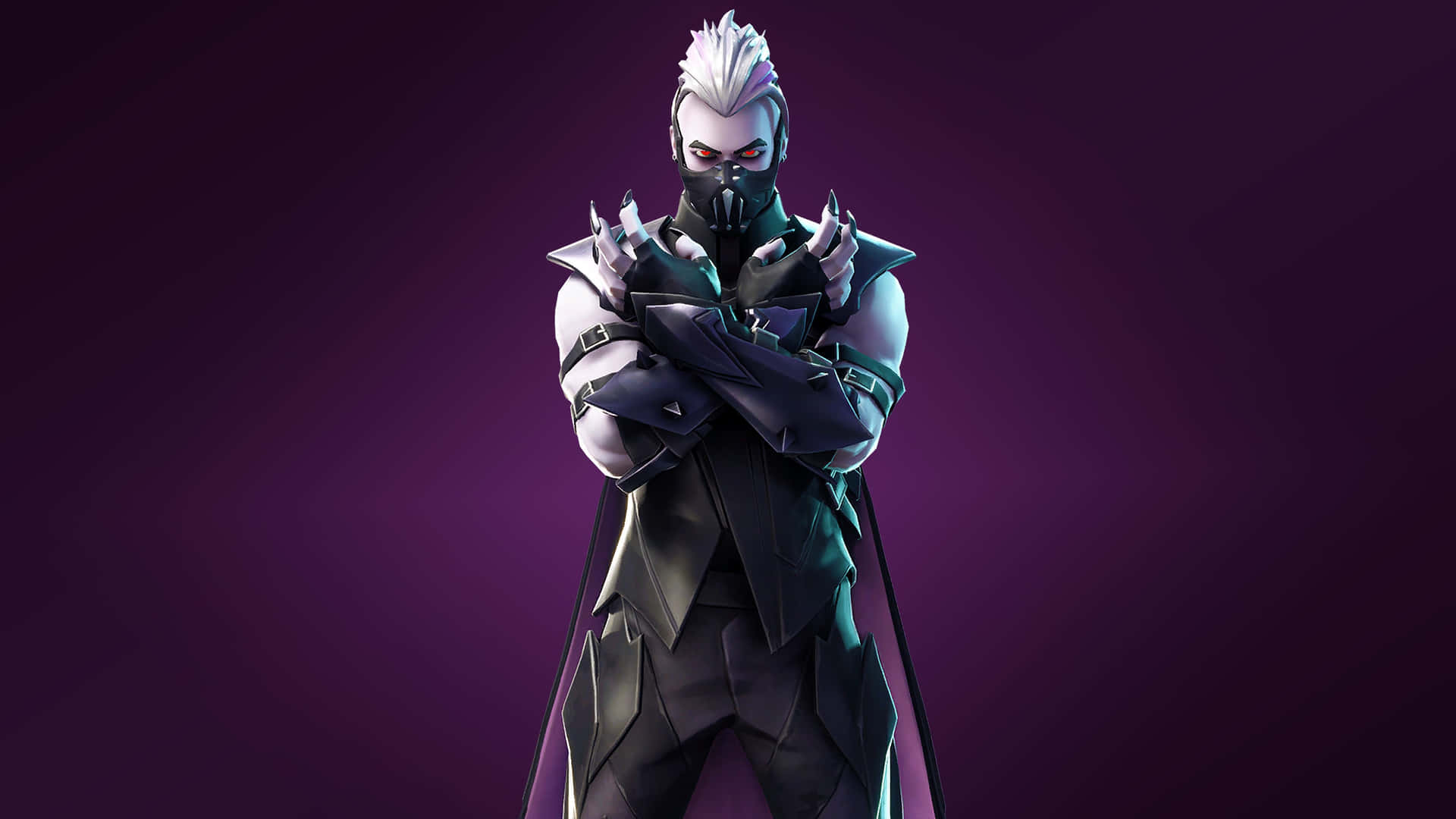 白色頭髮和發光眼睛的Fortnite角色，身穿深色盔甲。