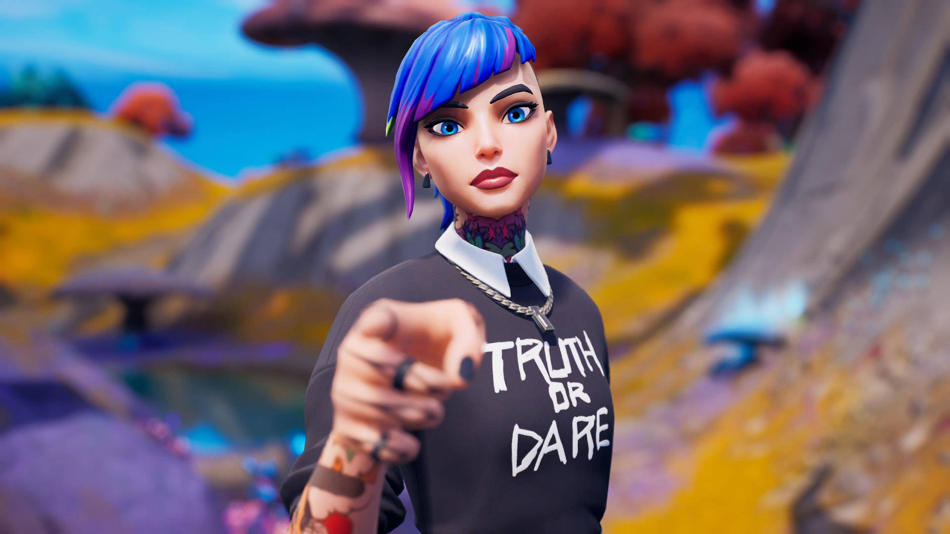 一個遊戲角色，擁有藍色和紫色頭髮，穿著「Truth or Dare」襯衫，指向觀眾。