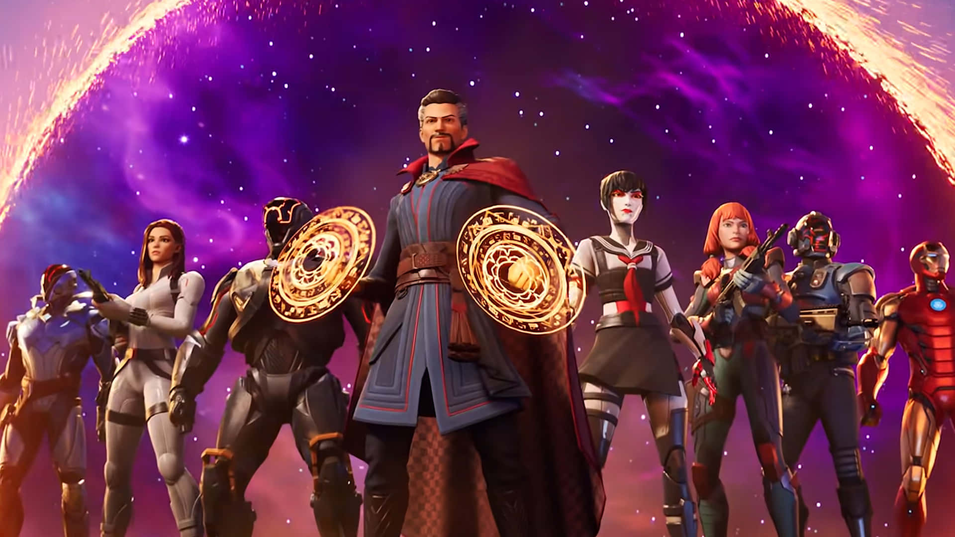 《Fortnite 第三章第一季》—— 爭奪最終勝利 壁紙 — 一群超級英雄在紫色和橙色的宇宙星雲背景下英勇站立，伴隨著閃爍的星星。